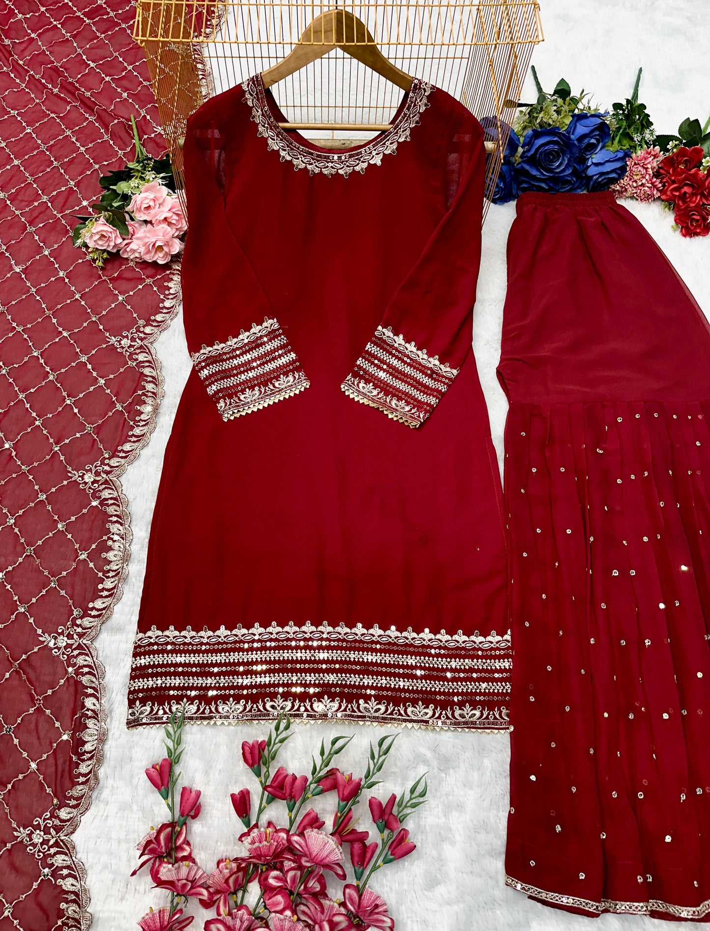 Glamourous Maroon Sharara Suit With Fancy Dupatta With Heavy Embroidery Work ( MAS_BF_069 )
