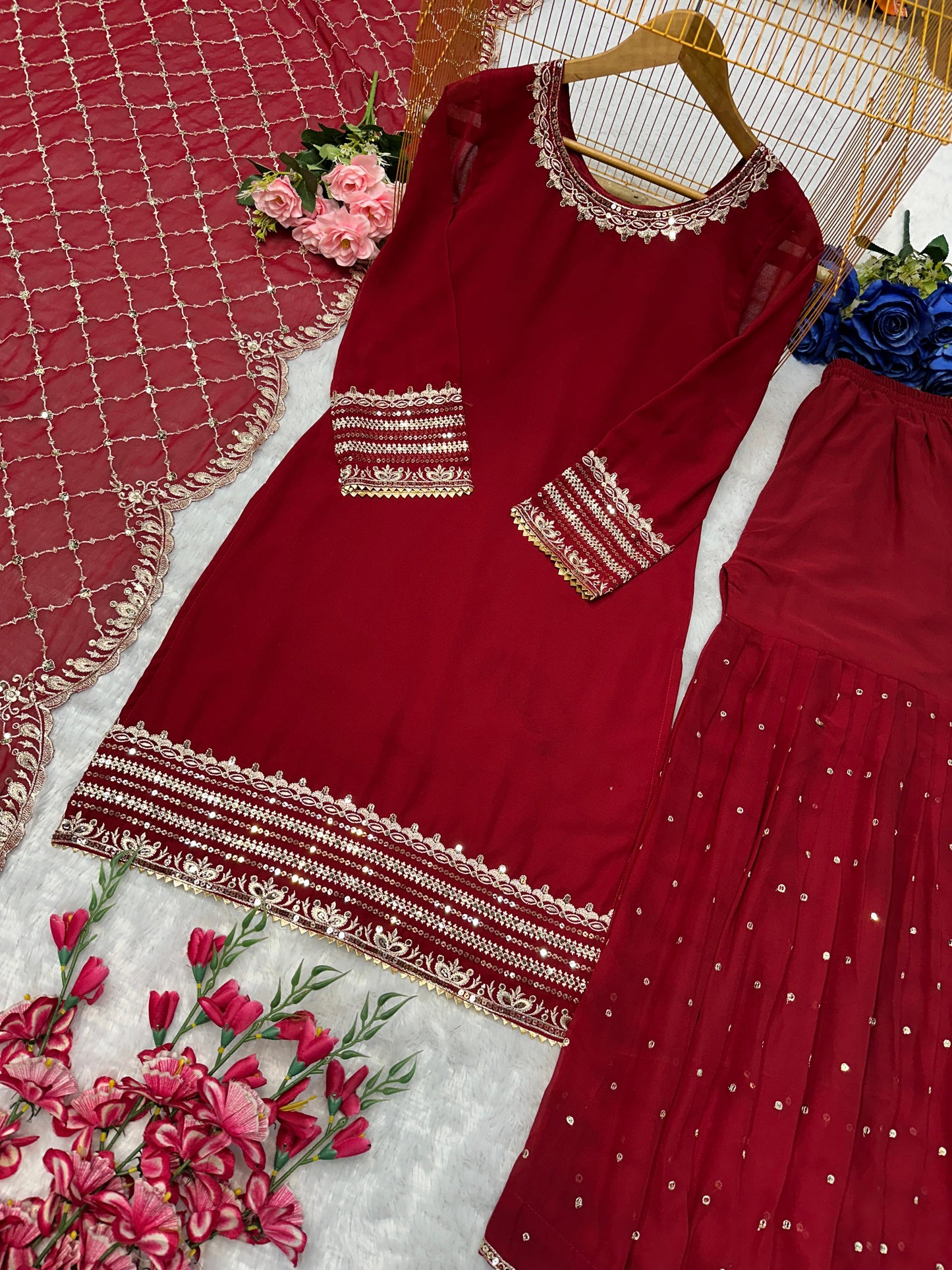 Glamourous Maroon Sharara Suit With Fancy Dupatta With Heavy Embroidery Work ( MAS_BF_069 )
