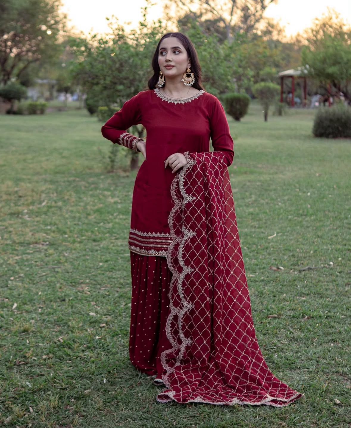 Glamourous Maroon Sharara Suit With Fancy Dupatta With Heavy Embroidery Work ( MAS_BF_069 )