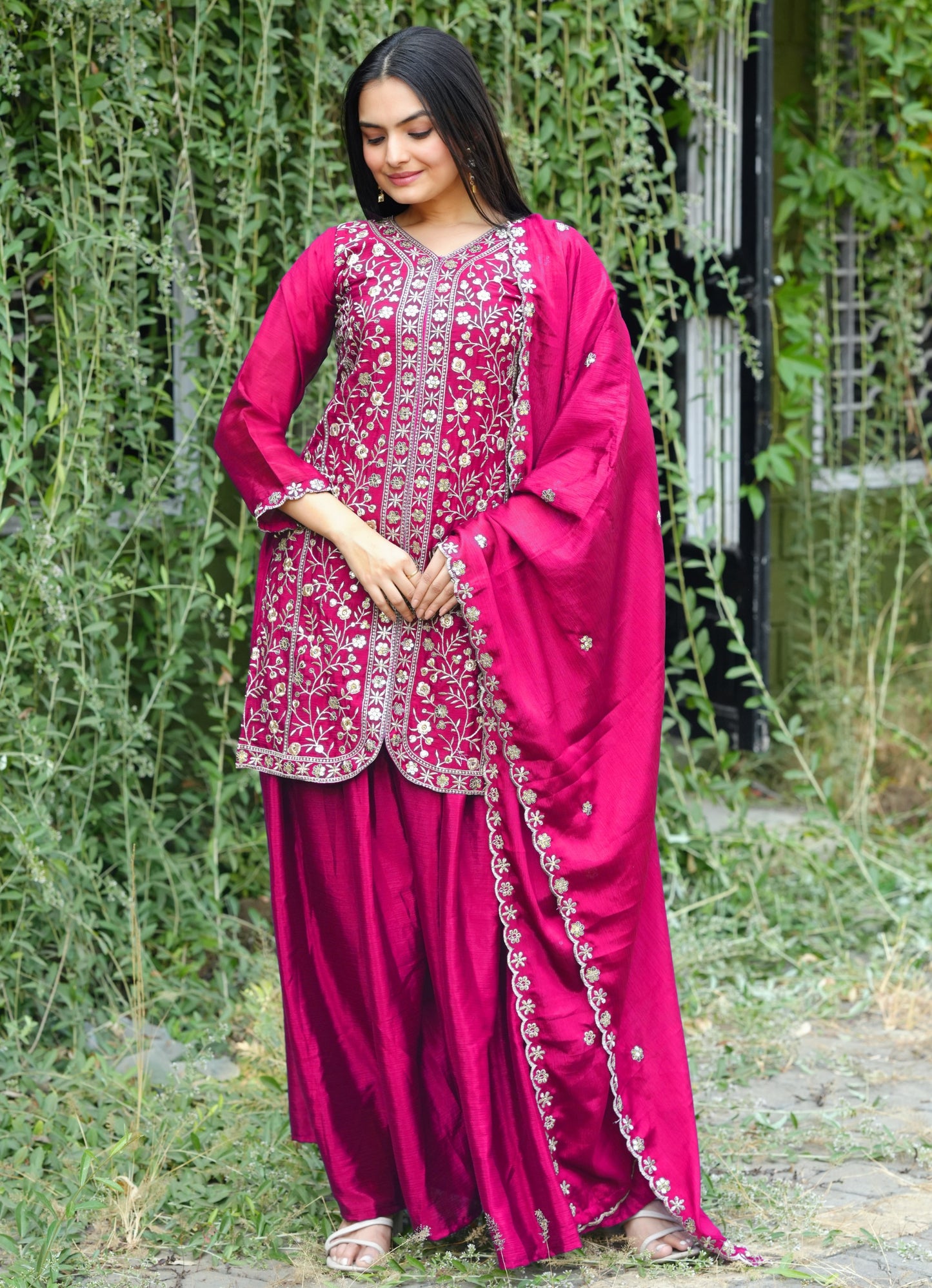 New Designer Chinon Sharara Suit With Sequence and Embroidered Work ( MAS_FE_54_Pink )