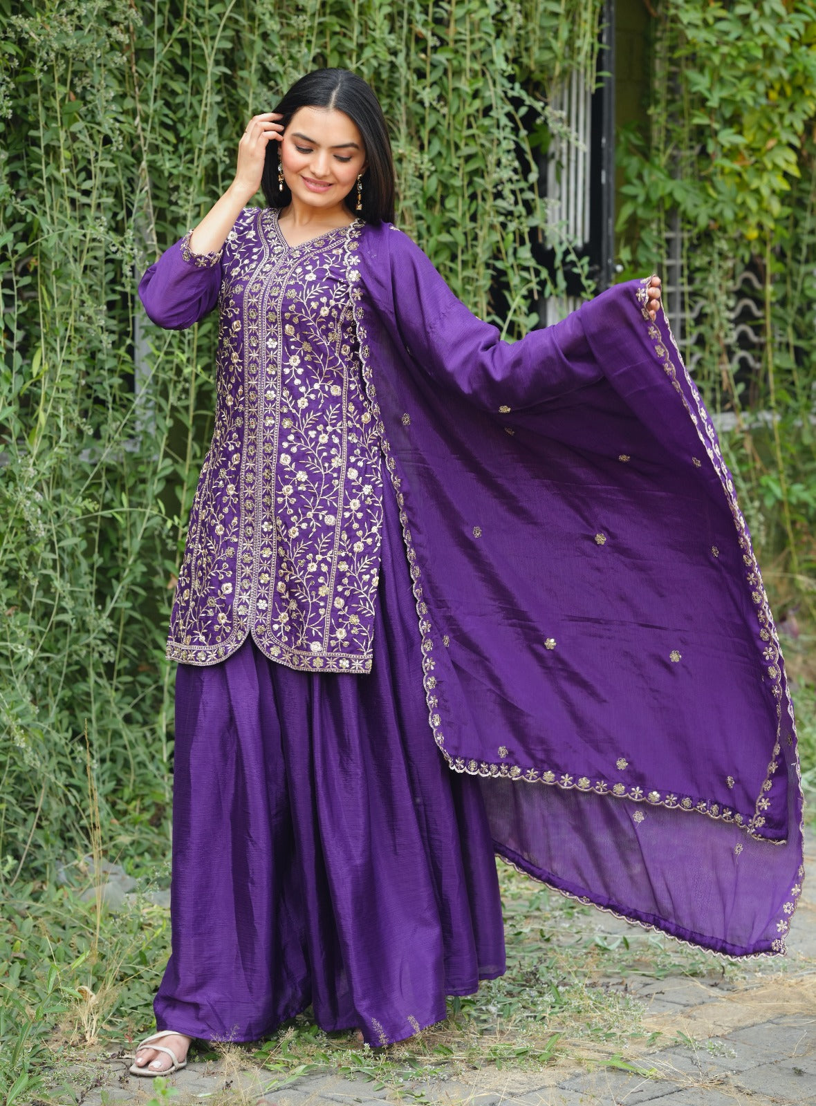 New Designer Chinon Sharara Suit With Sequence and Embroidered Work ( MAS_FE_54_Purple )