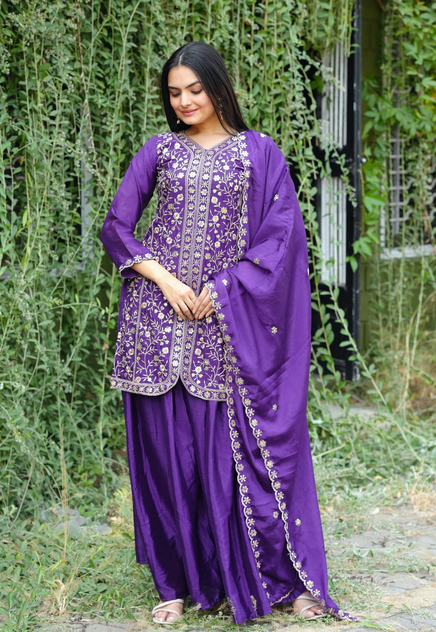 New Designer Chinon Sharara Suit With Sequence and Embroidered Work ( MAS_FE_54_Purple )