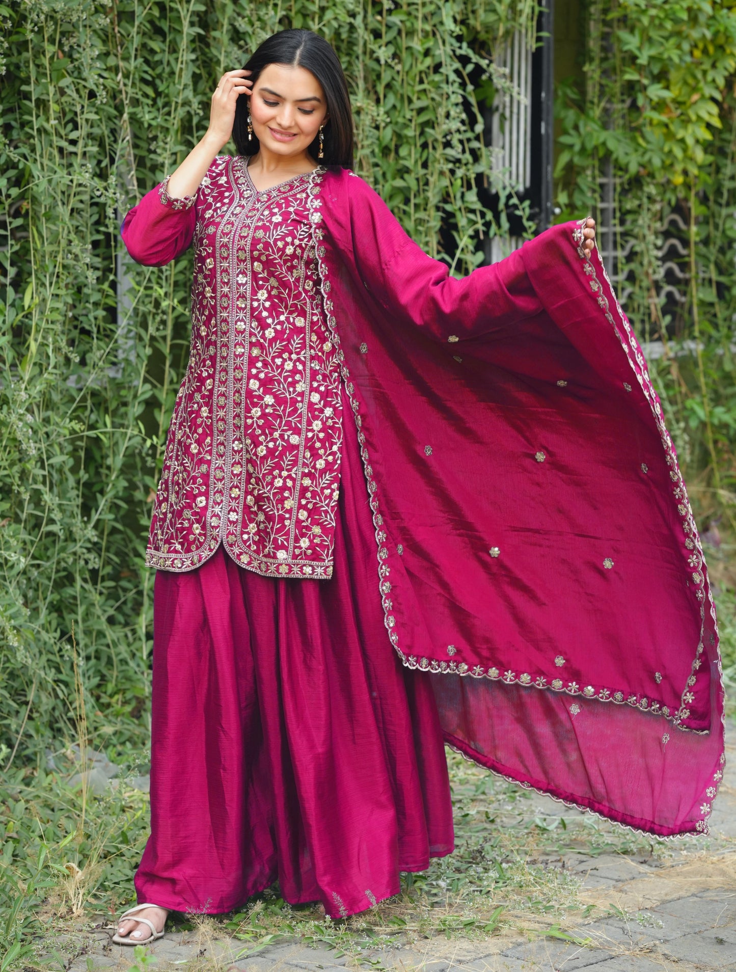 New Designer Chinon Sharara Suit With Sequence and Embroidered Work ( MAS_FE_54_Pink )