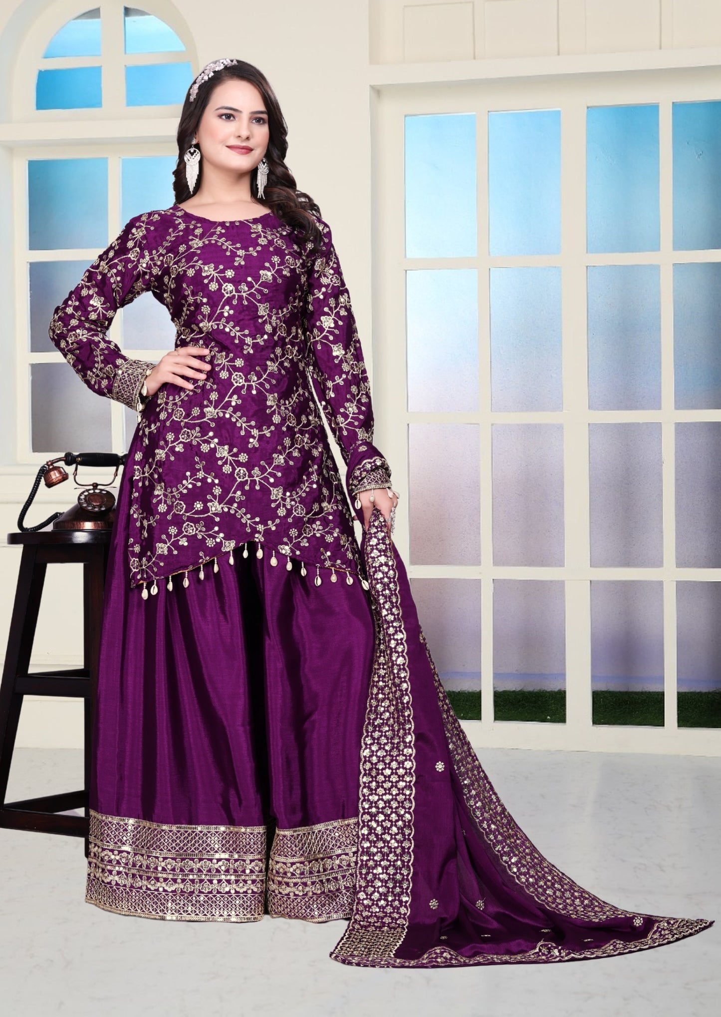 Exclusive Embroidered Wine Color Chinon Sharara Suit With Sequence Work ( MAS_FE_56 )