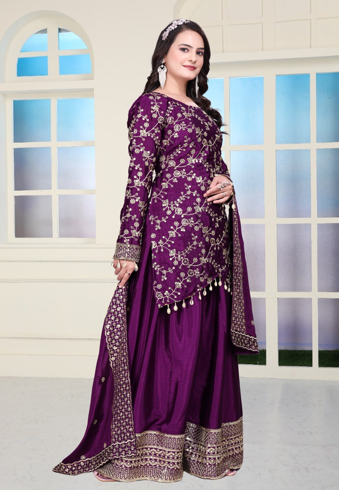Exclusive Embroidered Wine Color Chinon Sharara Suit With Sequence Work ( MAS_FE_56 )