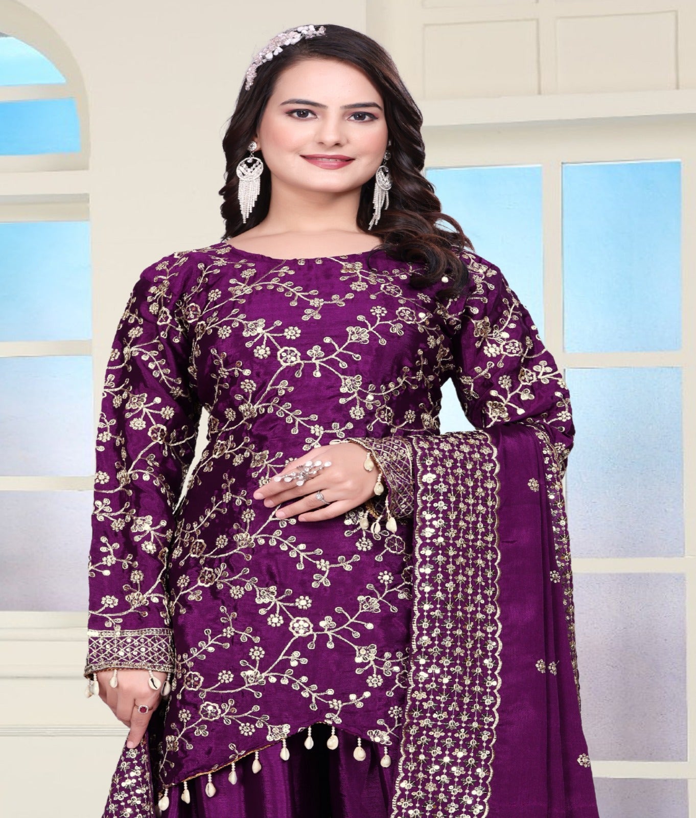 Exclusive Embroidered Wine Color Chinon Sharara Suit With Sequence Work ( MAS_FE_56 )
