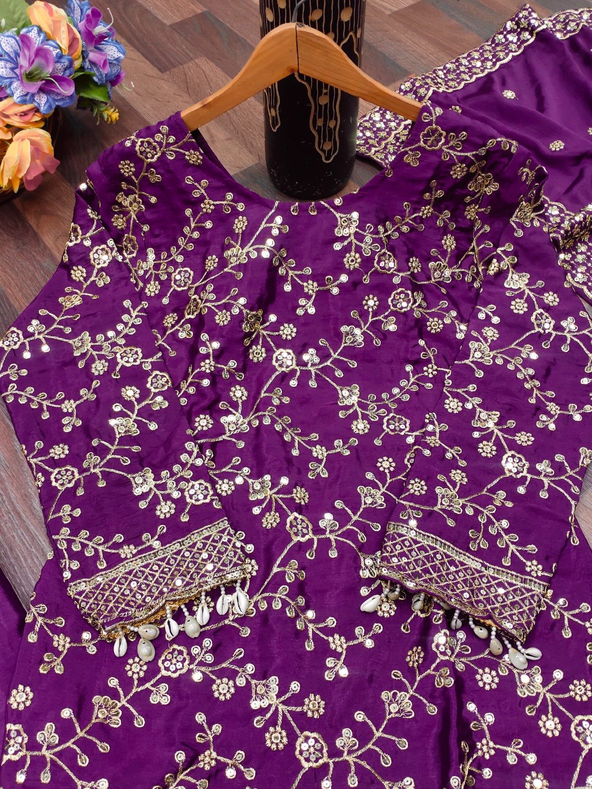 Exclusive Embroidered Wine Color Chinon Sharara Suit With Sequence Work ( MAS_FE_56 )