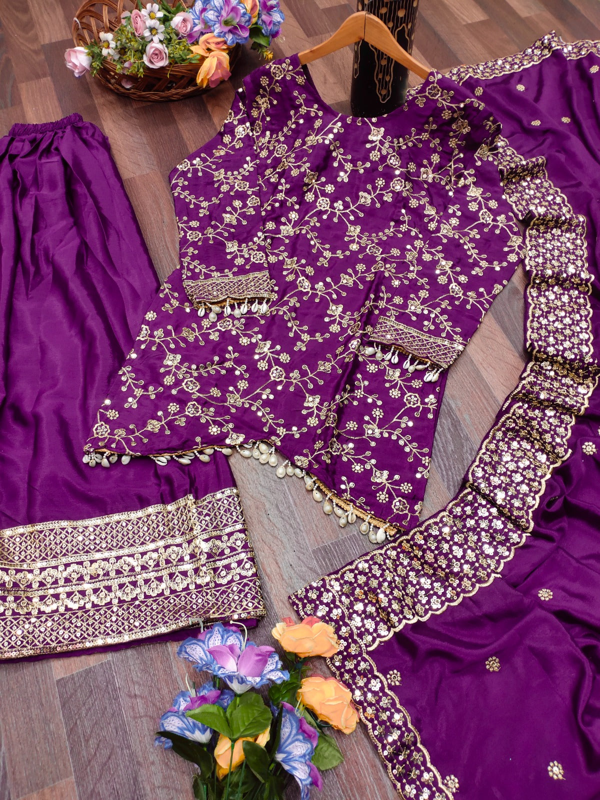 Exclusive Embroidered Wine Color Chinon Sharara Suit With Sequence Work ( MAS_FE_56 )
