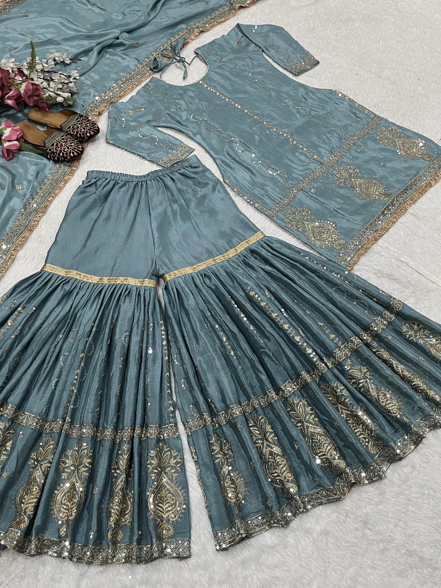 Ravishing Chinon Silk Sharara Suit With Heavy Embroidery Work (MAS_NF_1235_Gray)