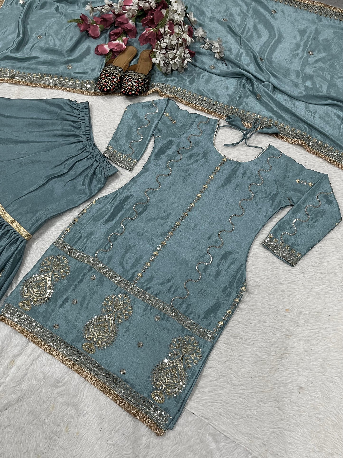 Ravishing Chinon Silk Sharara Suit With Heavy Embroidery Work (MAS_NF_1235_Gray)