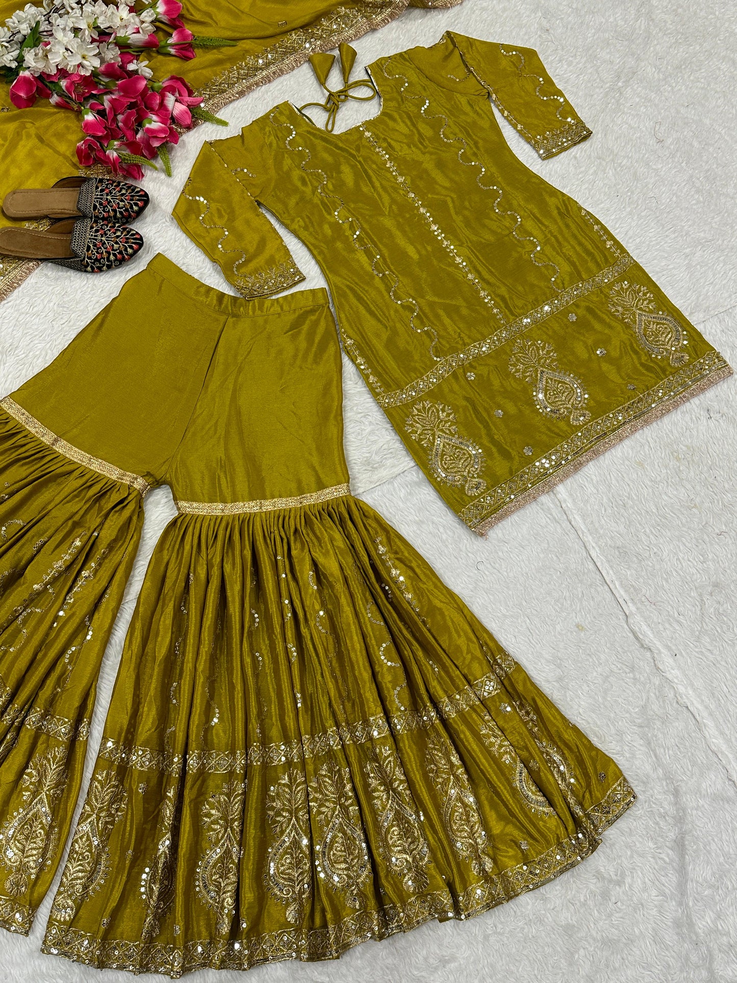 Glamourous Chinon Silk Sharara Suit With Heavy Embroidery Work (MAS_NF_1235_Mehendi)