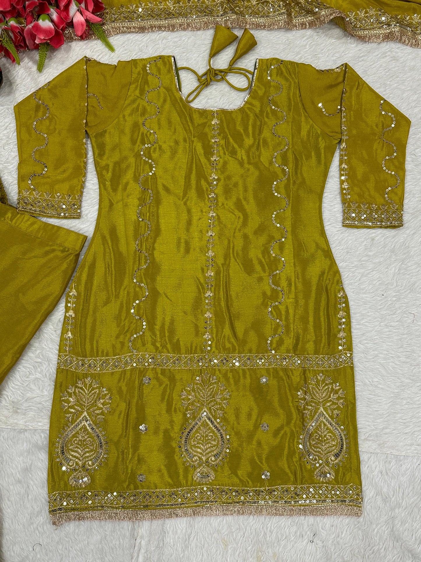 Glamourous Chinon Silk Sharara Suit With Heavy Embroidery Work (MAS_NF_1235_Mehendi)
