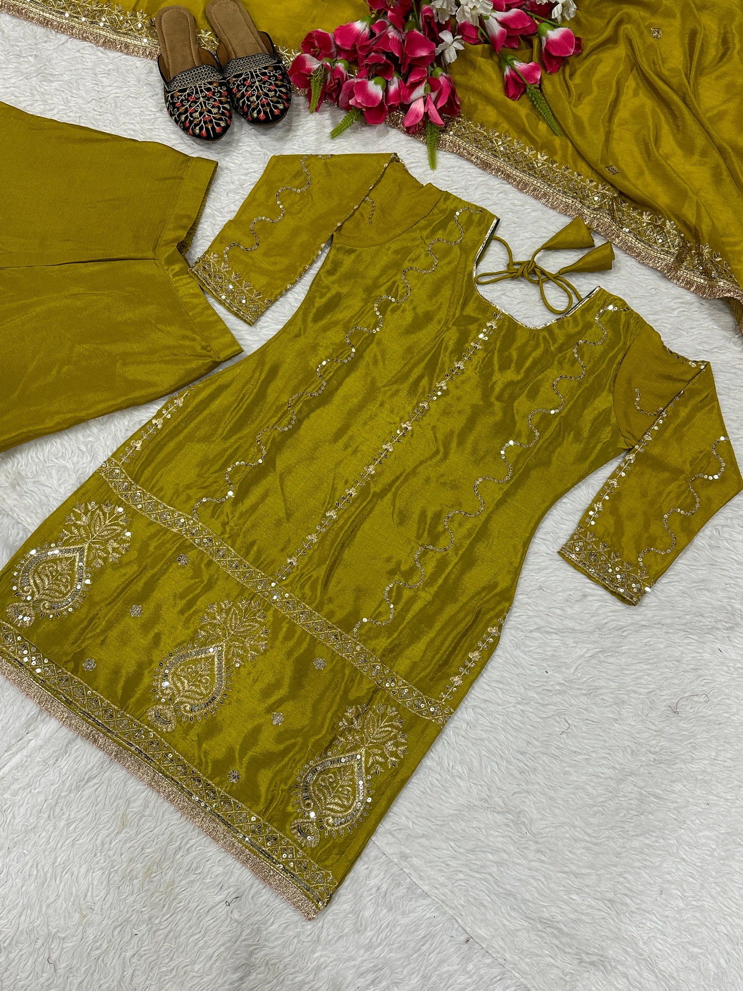 Glamourous Chinon Silk Sharara Suit With Heavy Embroidery Work (MAS_NF_1235_Mehendi)