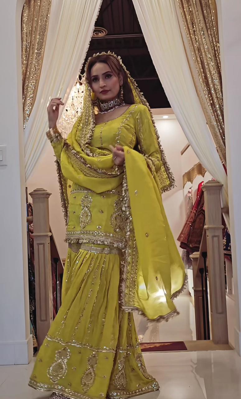 Glamourous Chinon Silk Sharara Suit With Heavy Embroidery Work (MAS_NF_1235_Mehendi)