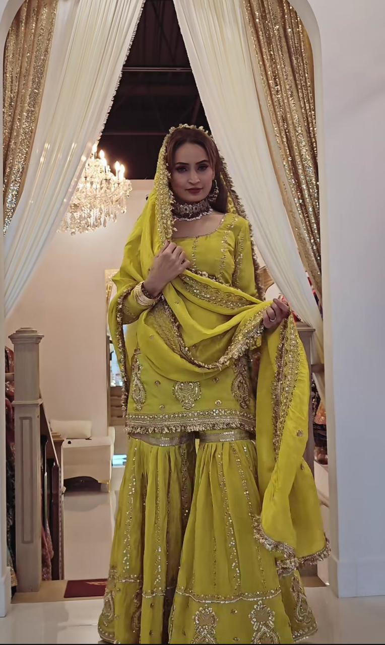 Glamourous Chinon Silk Sharara Suit With Heavy Embroidery Work (MAS_NF_1235_Mehendi)