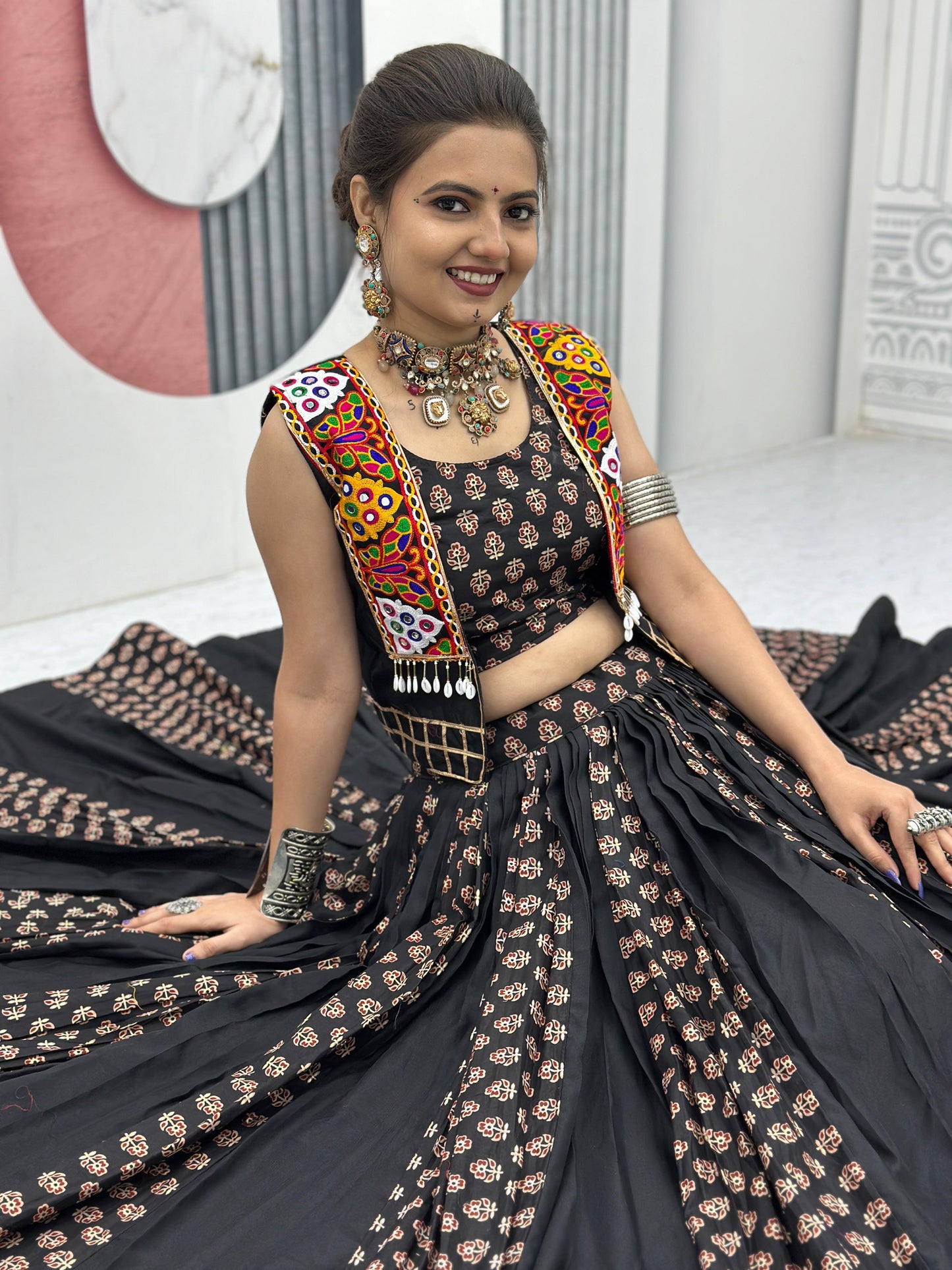 Antique Navratri Special Lehenga Choli With Jacket ( MAS_PC_N45_Black )