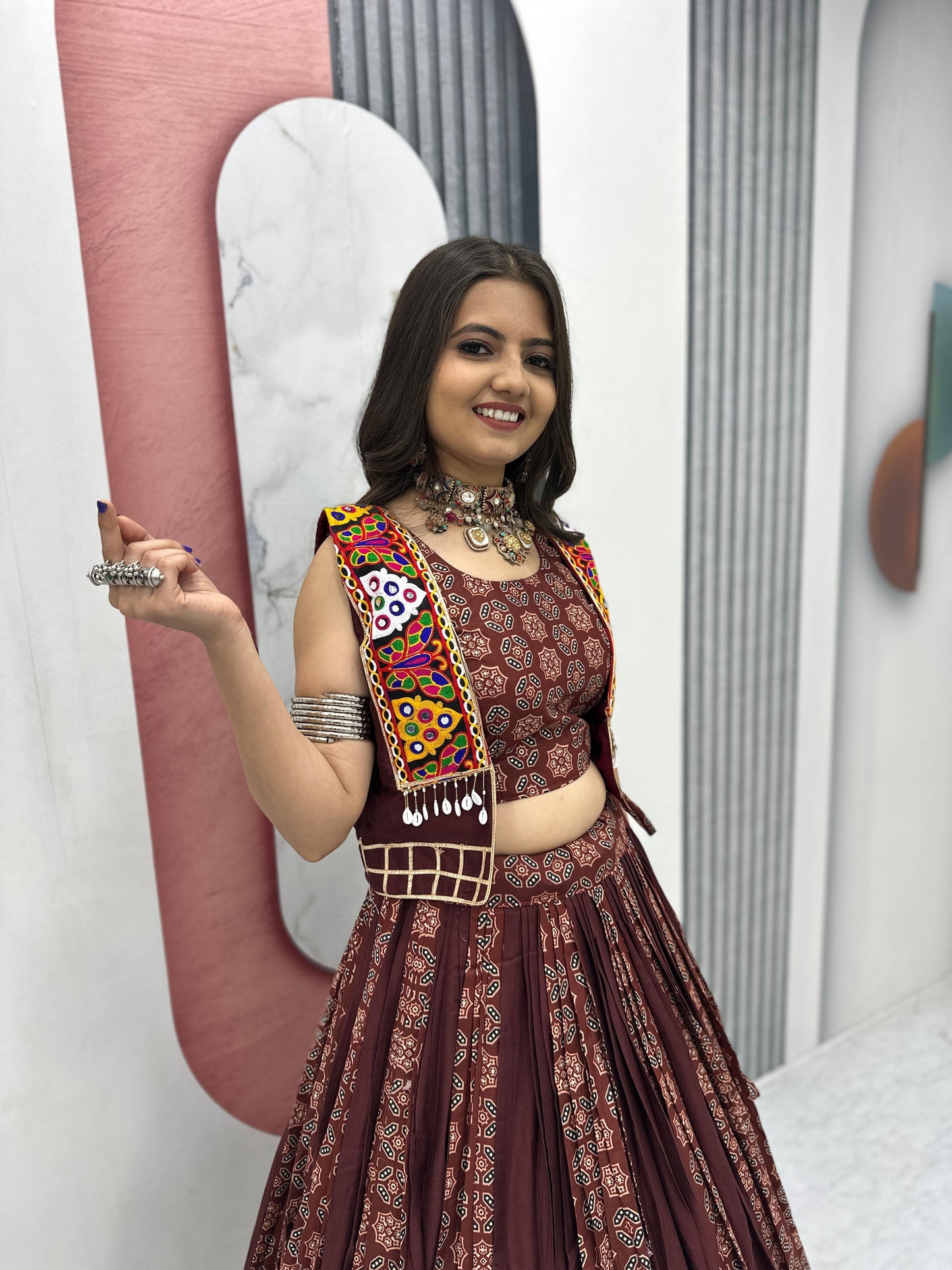 Stylish Navratri Special Lehenga Choli With Jacket ( MAS_PC_N45_Brown )