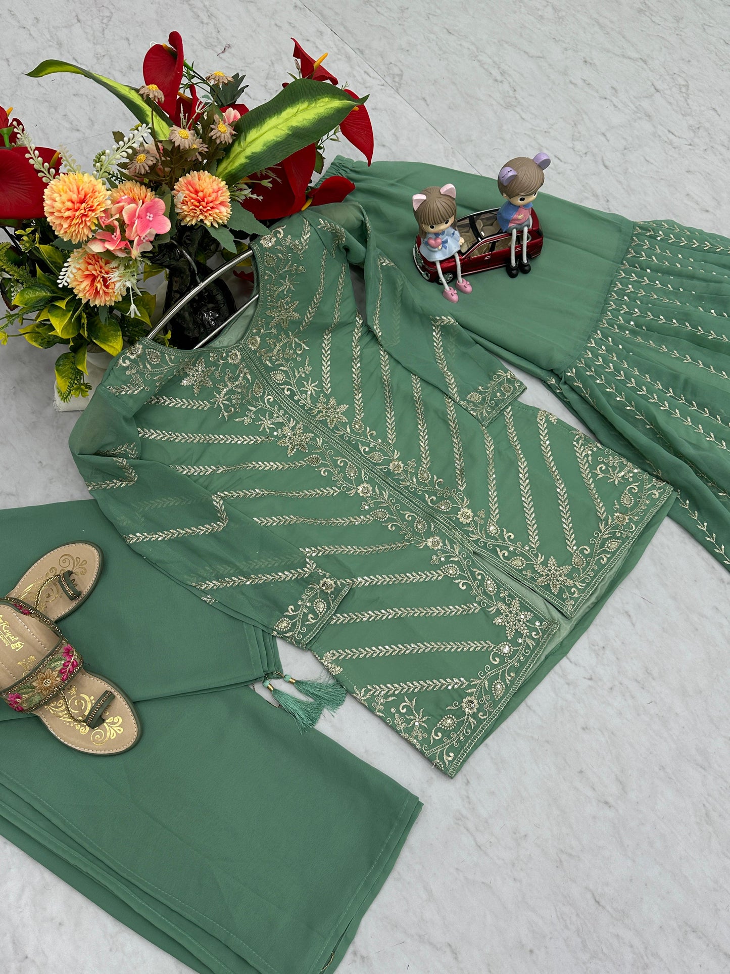 Decent Faux Georgette Sharara Suit With Heavy Embroidery Sequence Work (MAS_PF_030_Green)