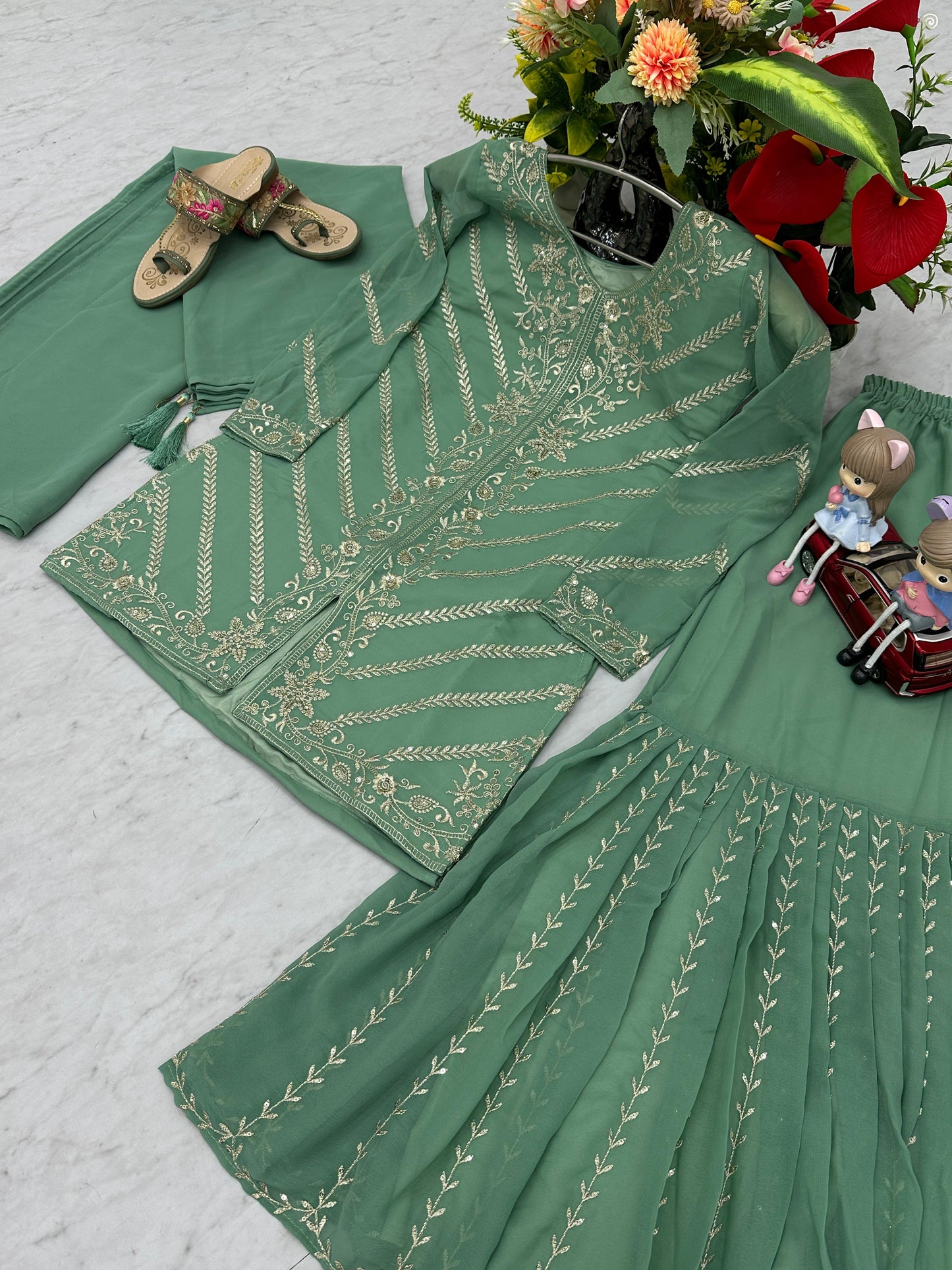 Decent Faux Georgette Sharara Suit With Heavy Embroidery Sequence Work (MAS_PF_030_Green)