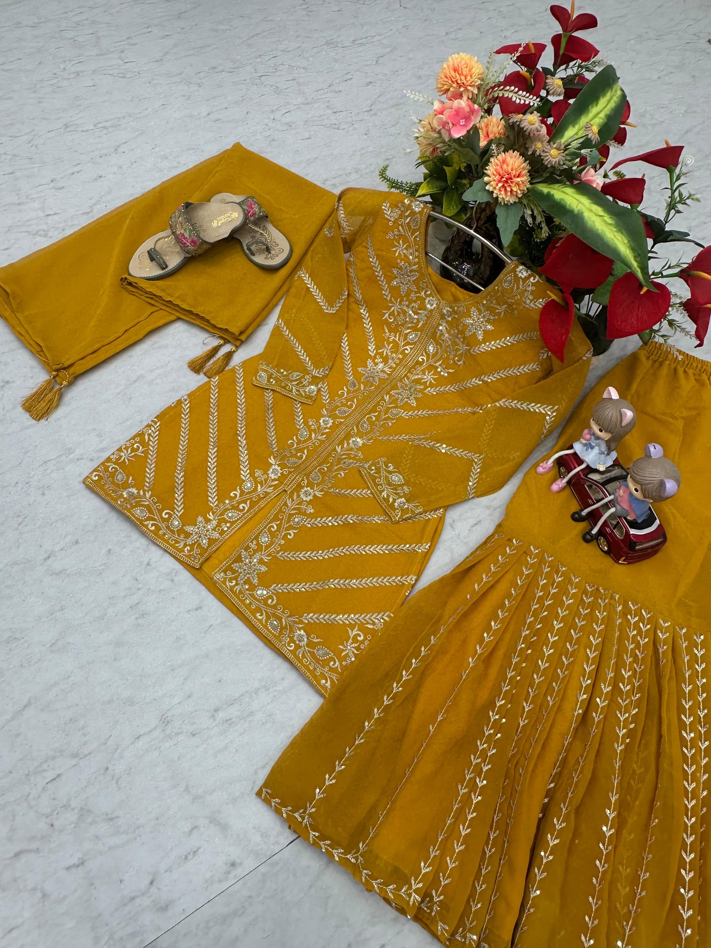 Charming Yellow Faux Georgette Sharara Suit With Heavy Embroidery Sequence Work (MAS_PF_030_Yellow)