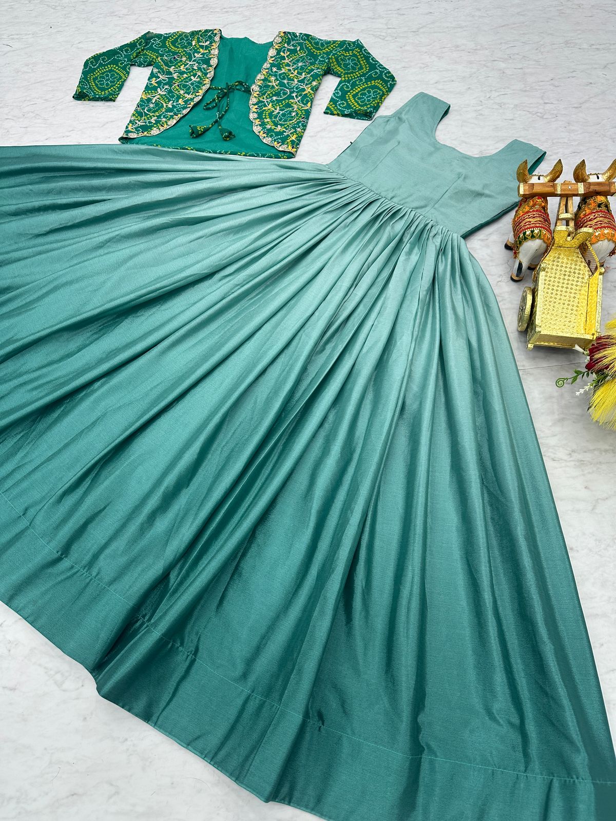 Classy Party Wear Pure Chinon Gown With Fancy Jacket (MAS_Ram_042_Green)