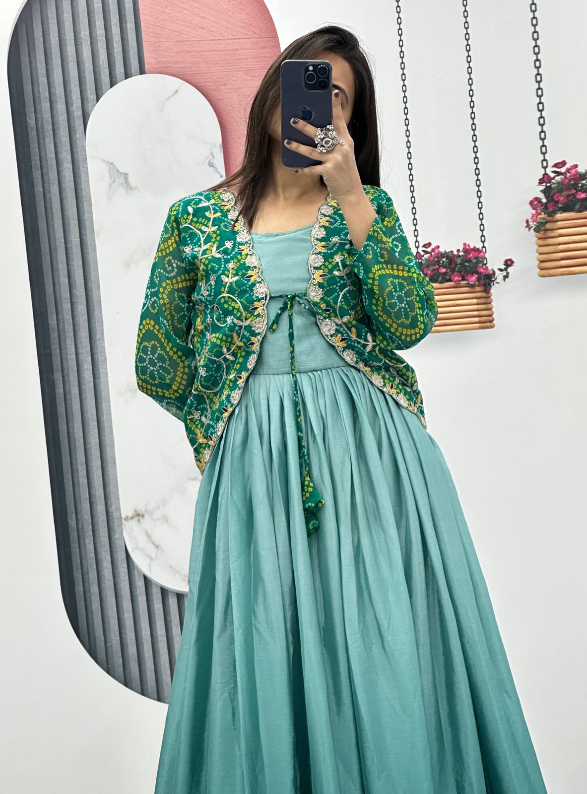 Classy Party Wear Pure Chinon Gown With Fancy Jacket (MAS_Ram_042_Green)