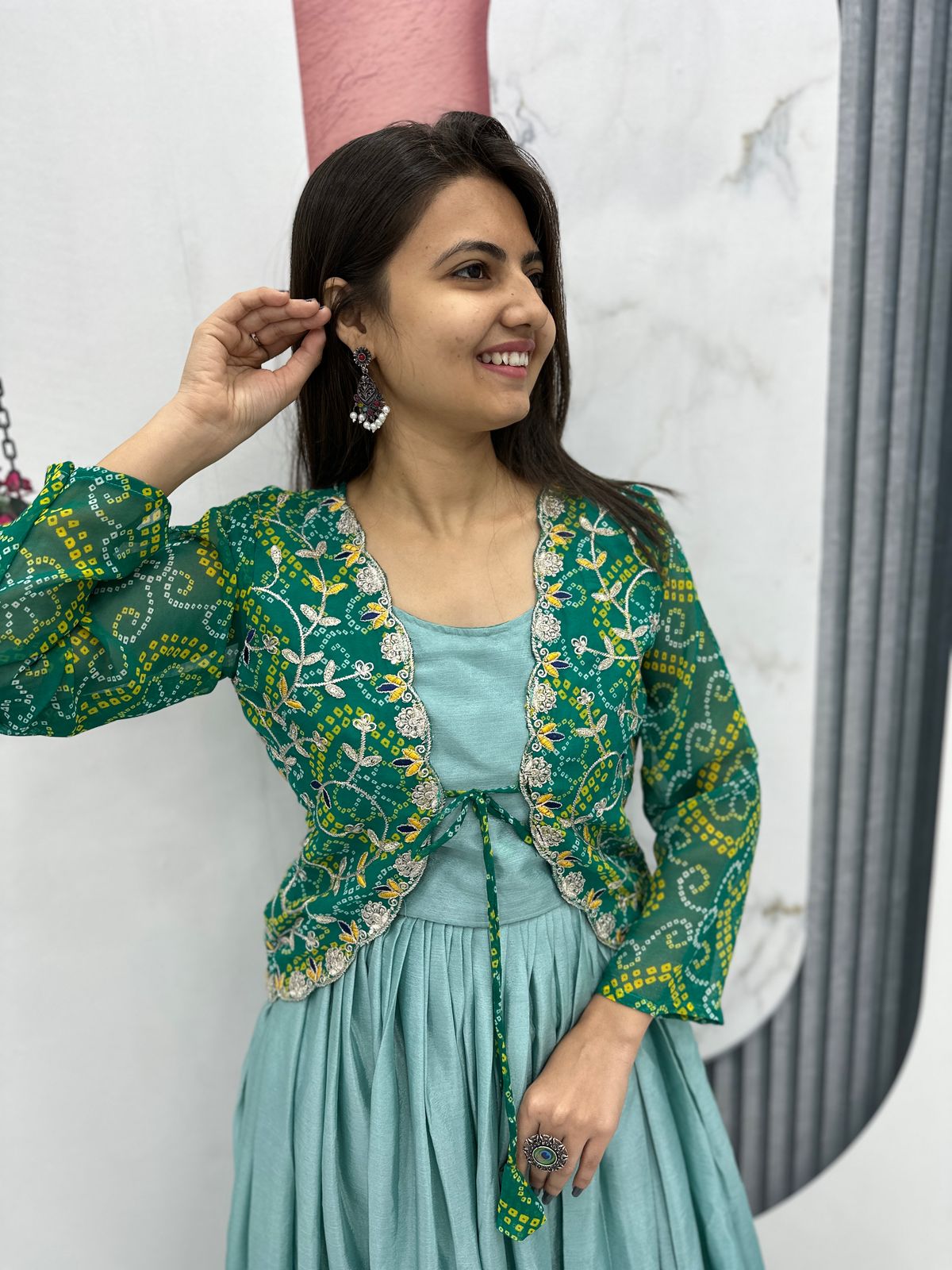 Classy Party Wear Pure Chinon Gown With Fancy Jacket (MAS_Ram_042_Green)