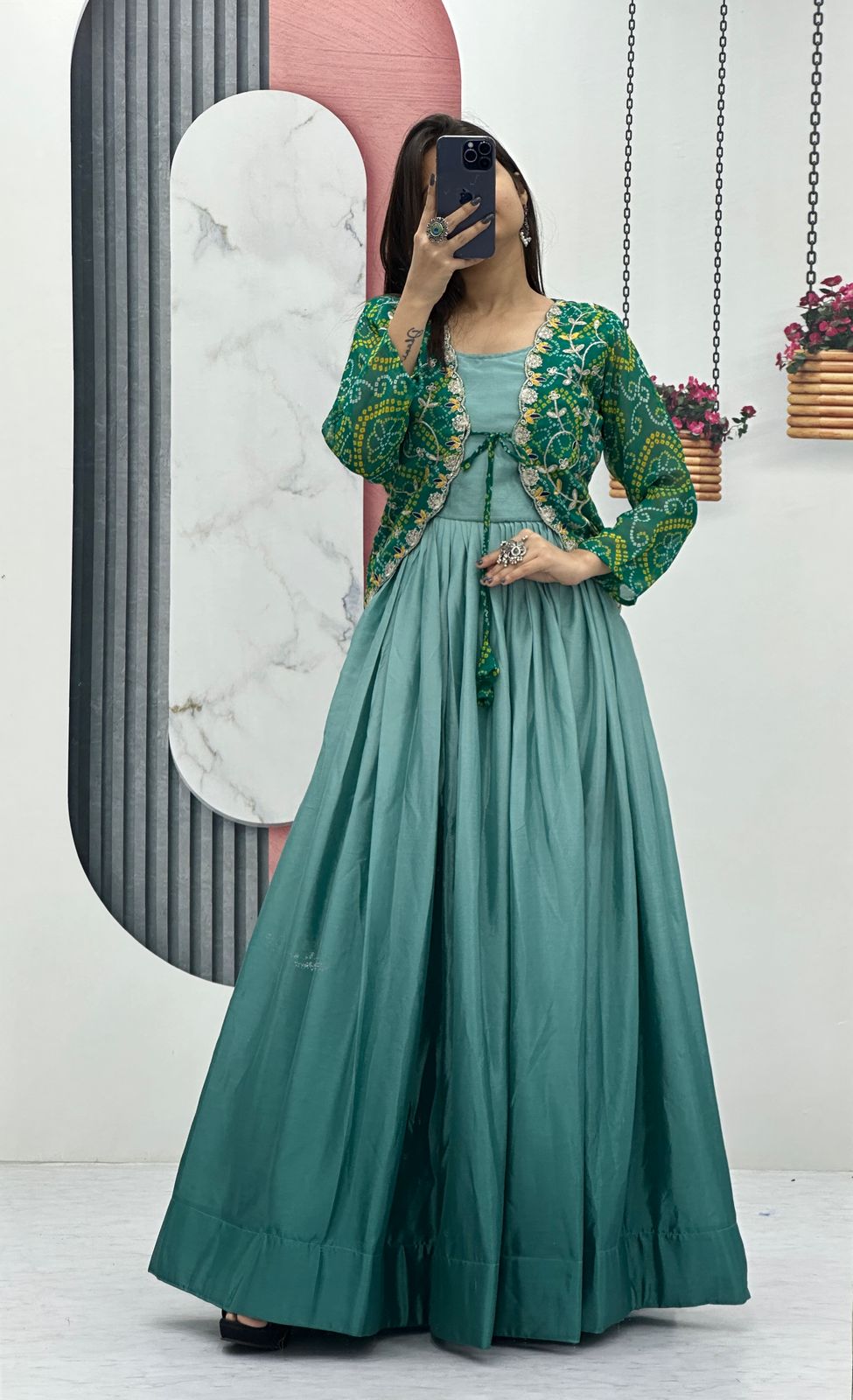 Classy Party Wear Pure Chinon Gown With Fancy Jacket (MAS_Ram_042_Green)