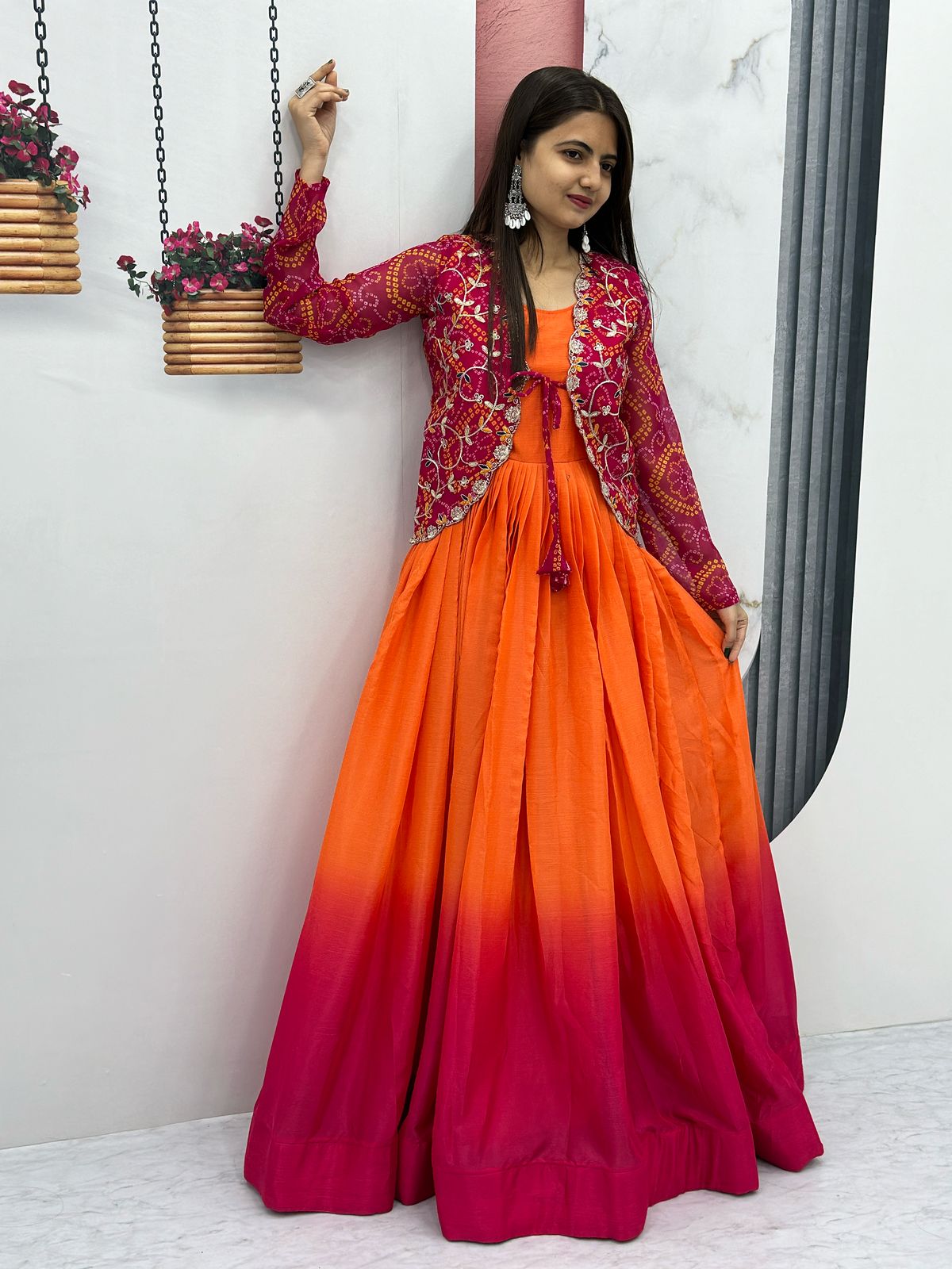 Pretty Party Wear Pure Chinon Gown With Fancy Jacket (MAS_Ram_042_Pink)
