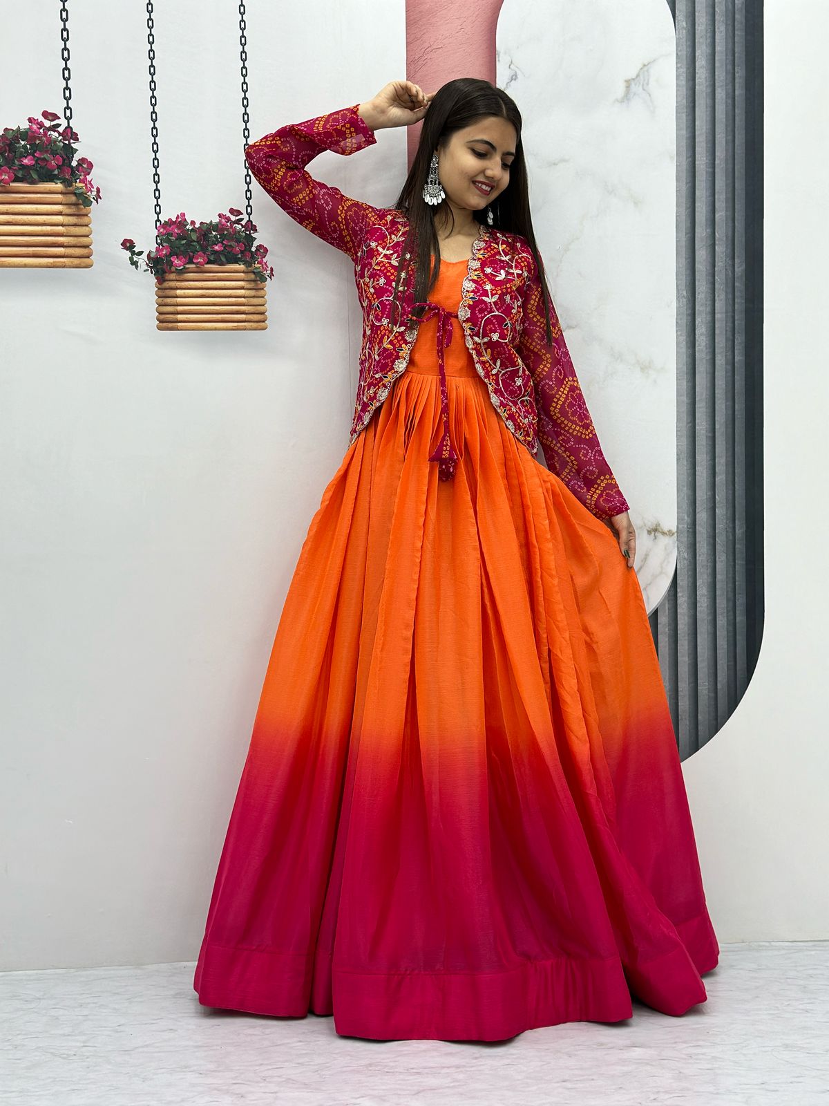 Pretty Party Wear Pure Chinon Gown With Fancy Jacket (MAS_Ram_042_Pink)