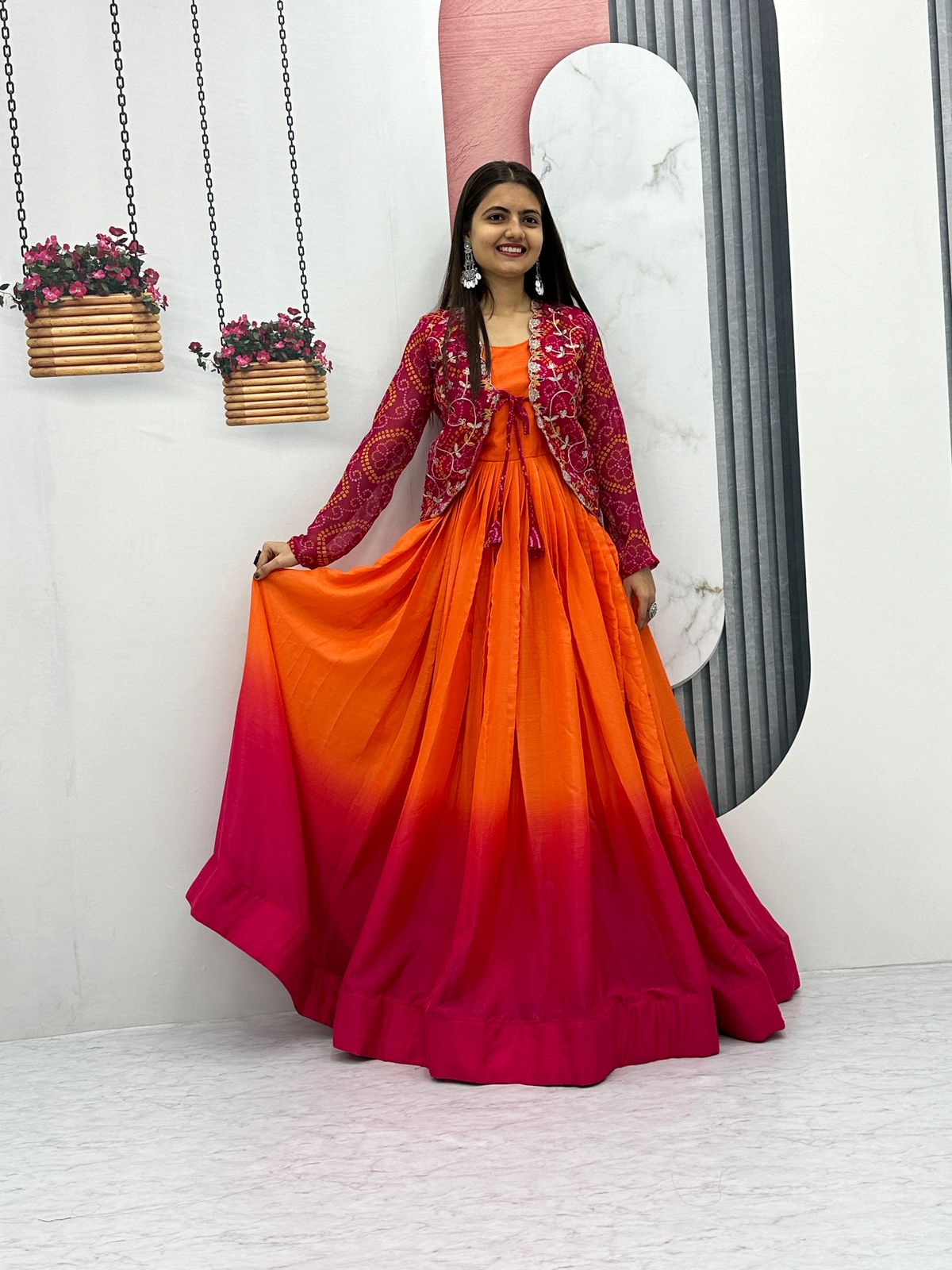 Pretty Party Wear Pure Chinon Gown With Fancy Jacket (MAS_Ram_042_Pink)
