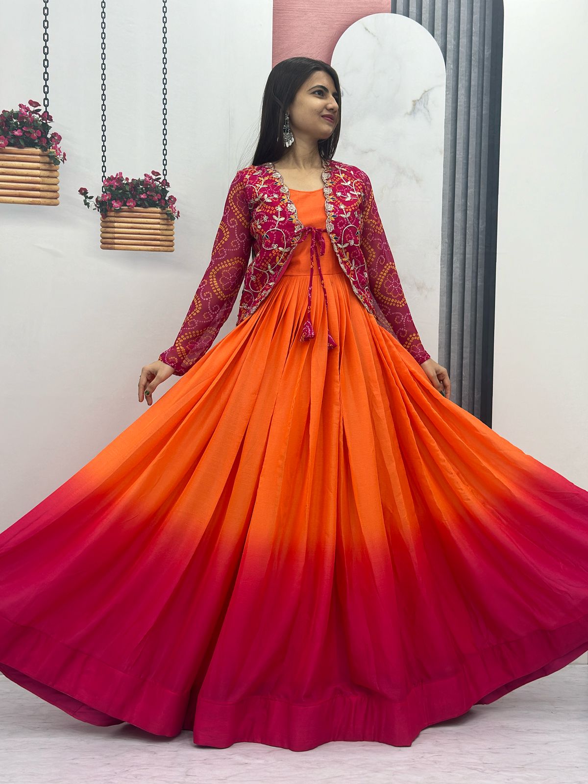 Pretty Party Wear Pure Chinon Gown With Fancy Jacket (MAS_Ram_042_Pink)