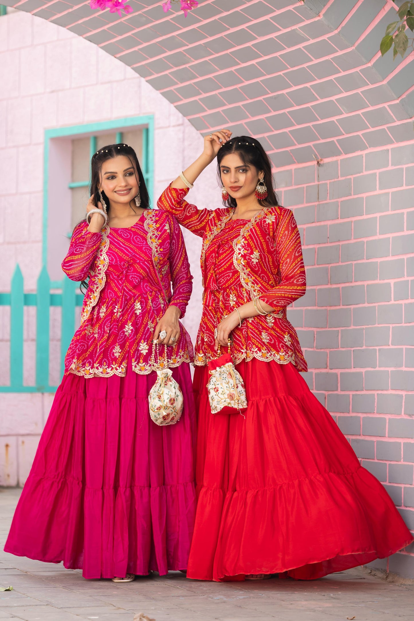 Designer Embroidery Red Bandhej Lehenga Crop Top & Jacket ( MAS_RAM_091_Red )