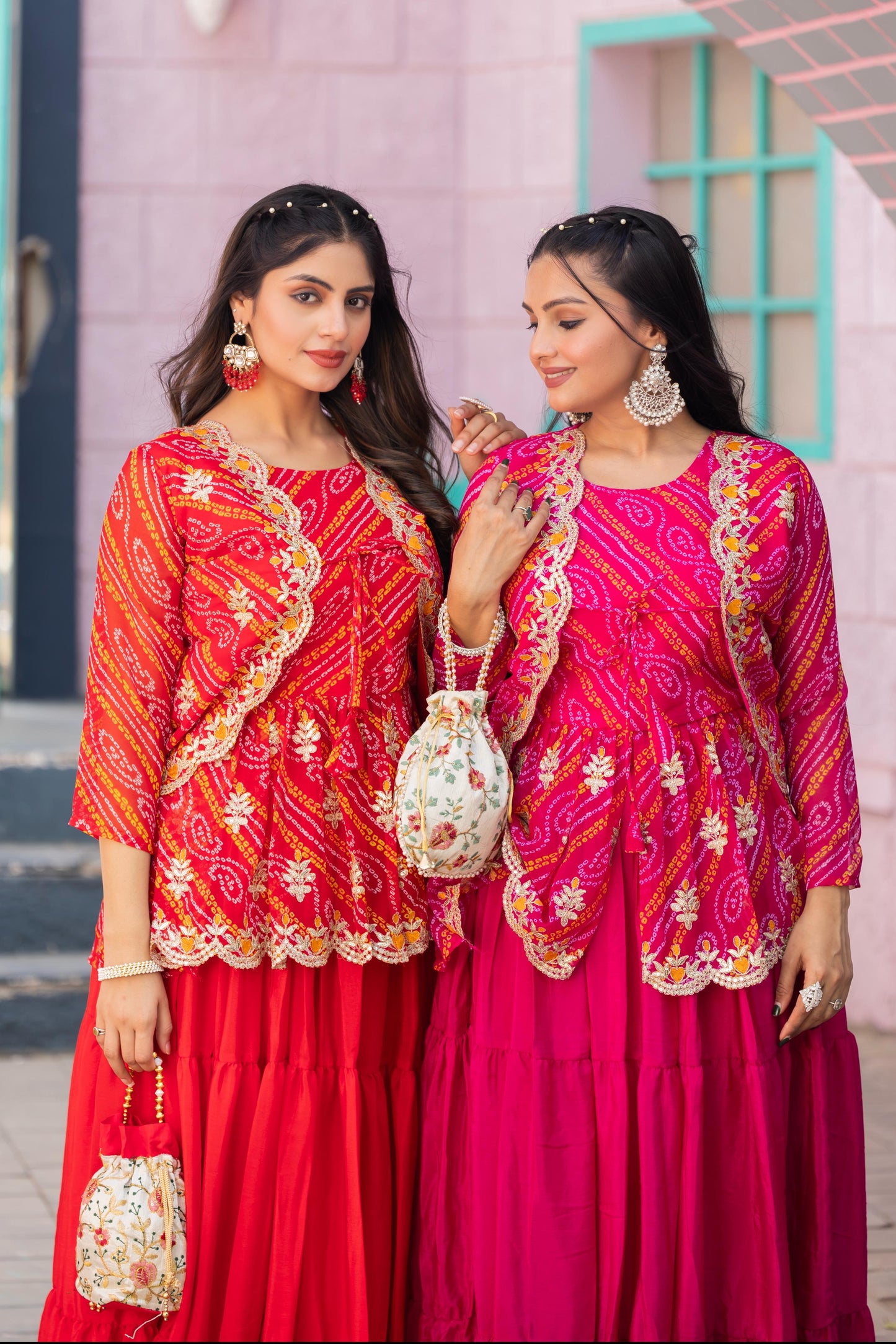 Designer Embroidery Pink Bandhej Lehenga Crop Top & Jacket ( MAS_RAM_091_Pink )