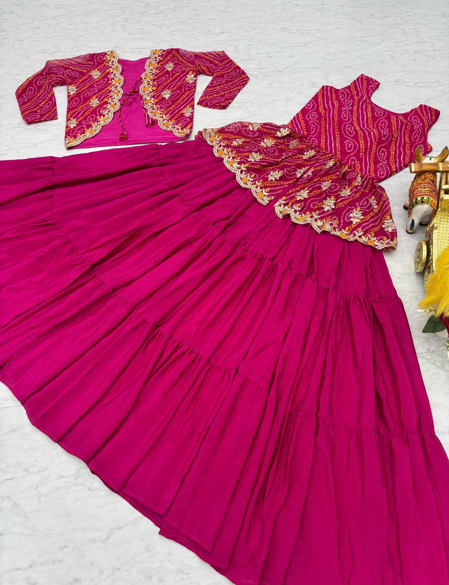 Designer Embroidery Pink Bandhej Lehenga Crop Top & Jacket ( MAS_RAM_091_Pink )