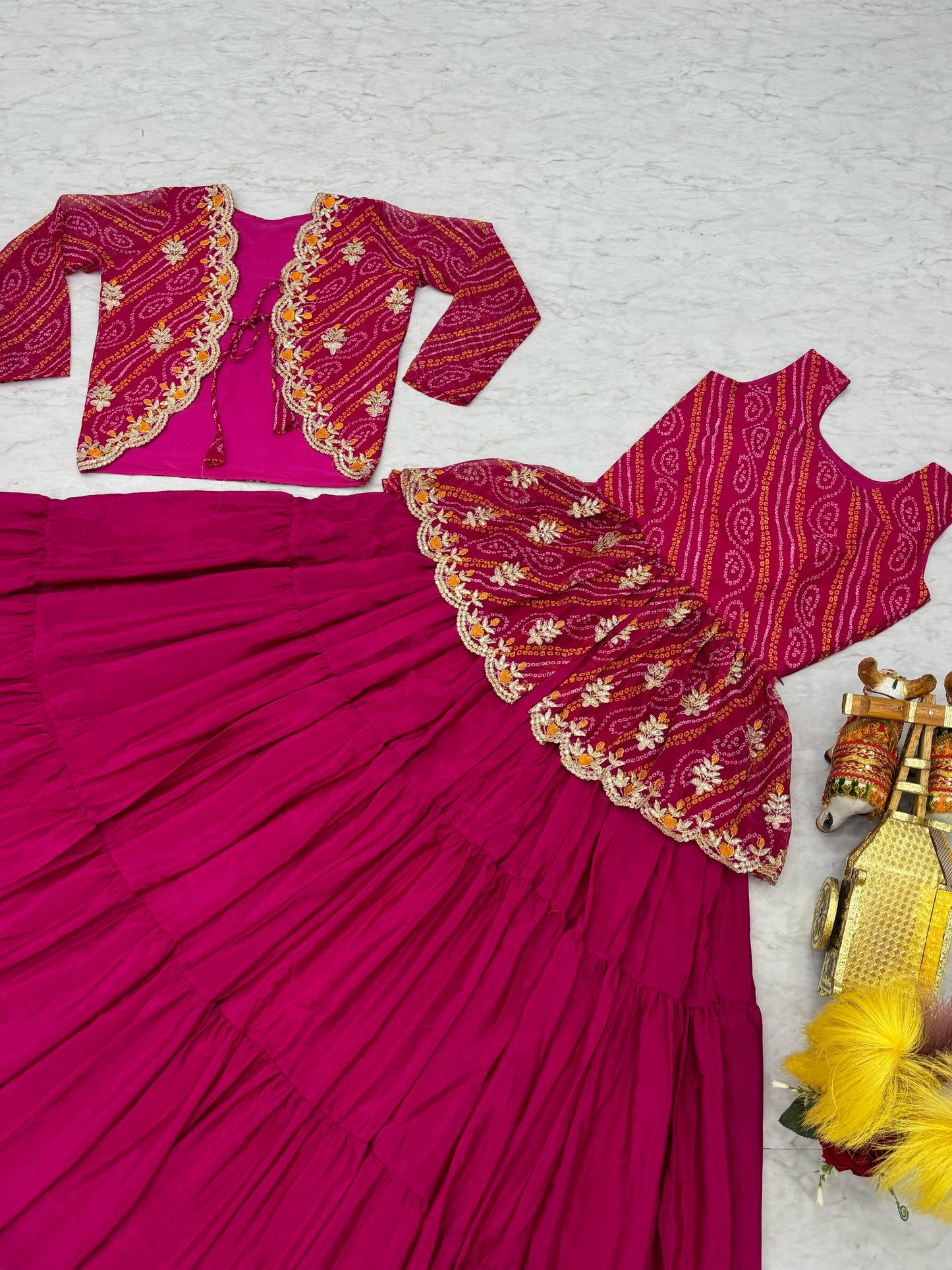 Designer Embroidery Pink Bandhej Lehenga Crop Top & Jacket ( MAS_RAM_091_Pink )