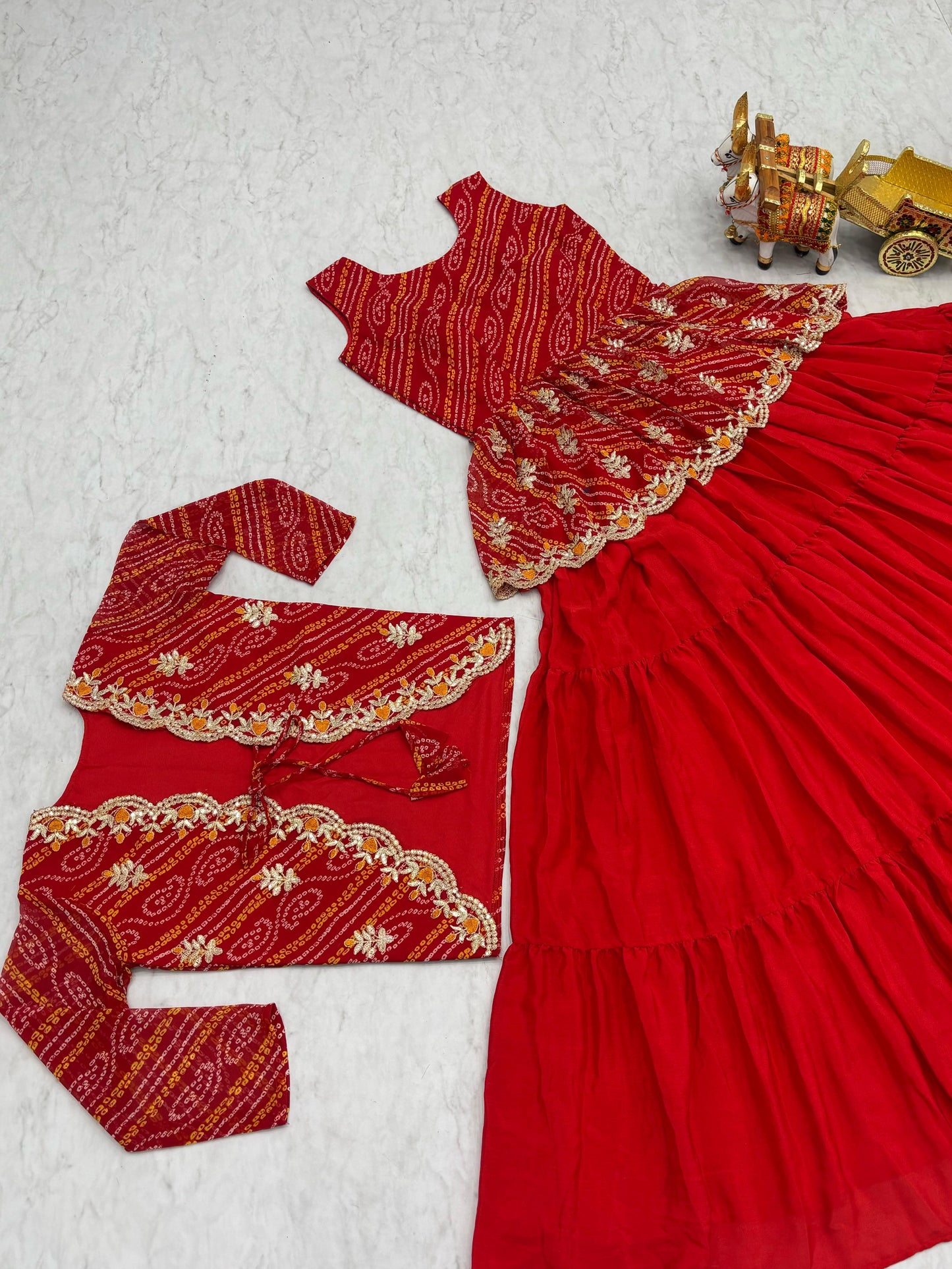 Designer Embroidery Red Bandhej Lehenga Crop Top & Jacket ( MAS_RAM_091_Red )