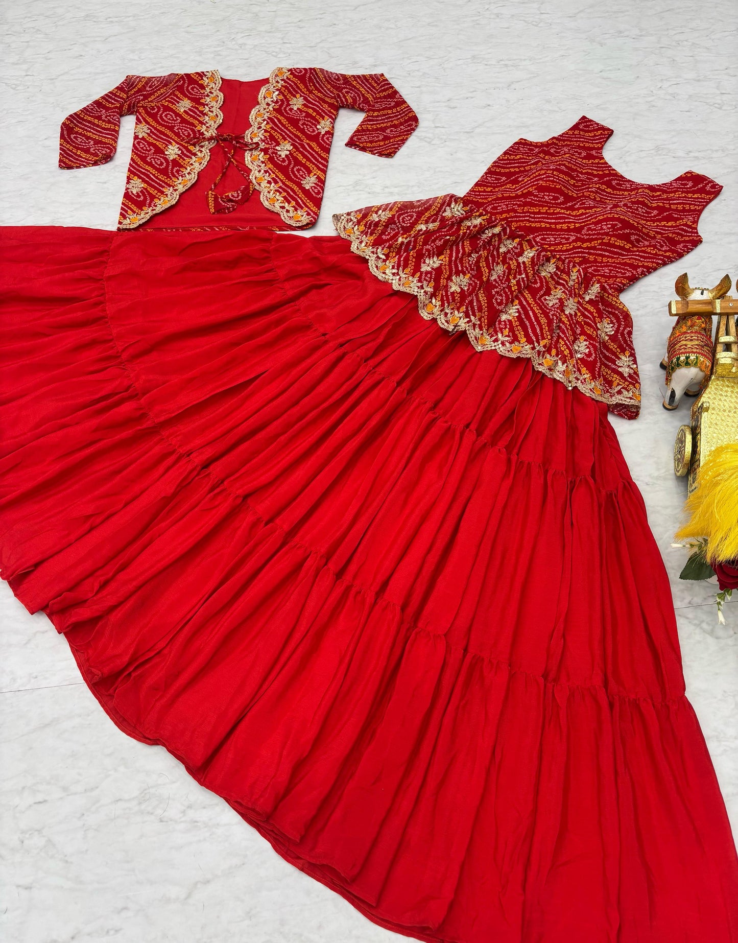 Designer Embroidery Red Bandhej Lehenga Crop Top & Jacket ( MAS_RAM_091_Red )