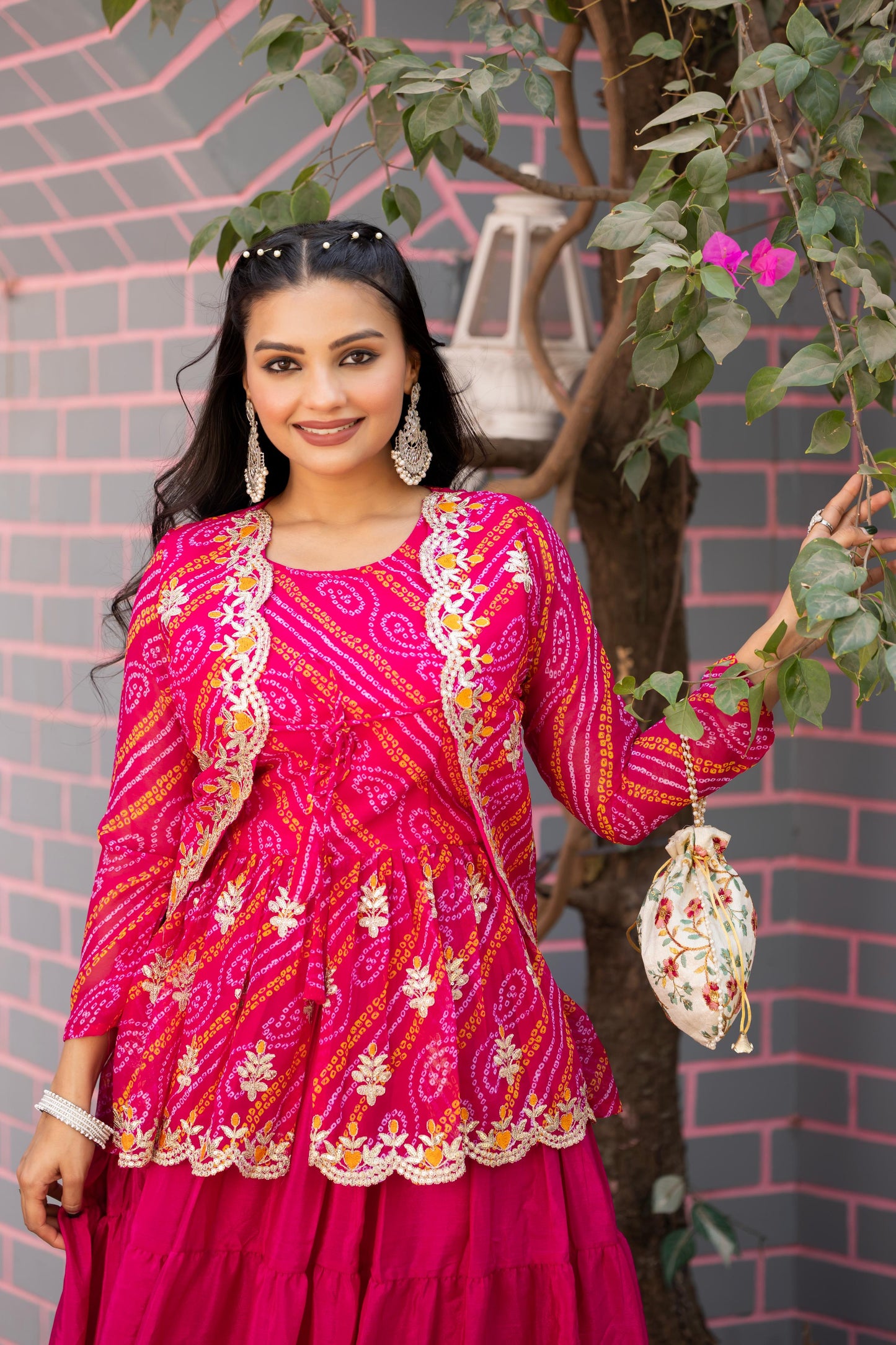 Designer Embroidery Pink Bandhej Lehenga Crop Top & Jacket ( MAS_RAM_091_Pink )