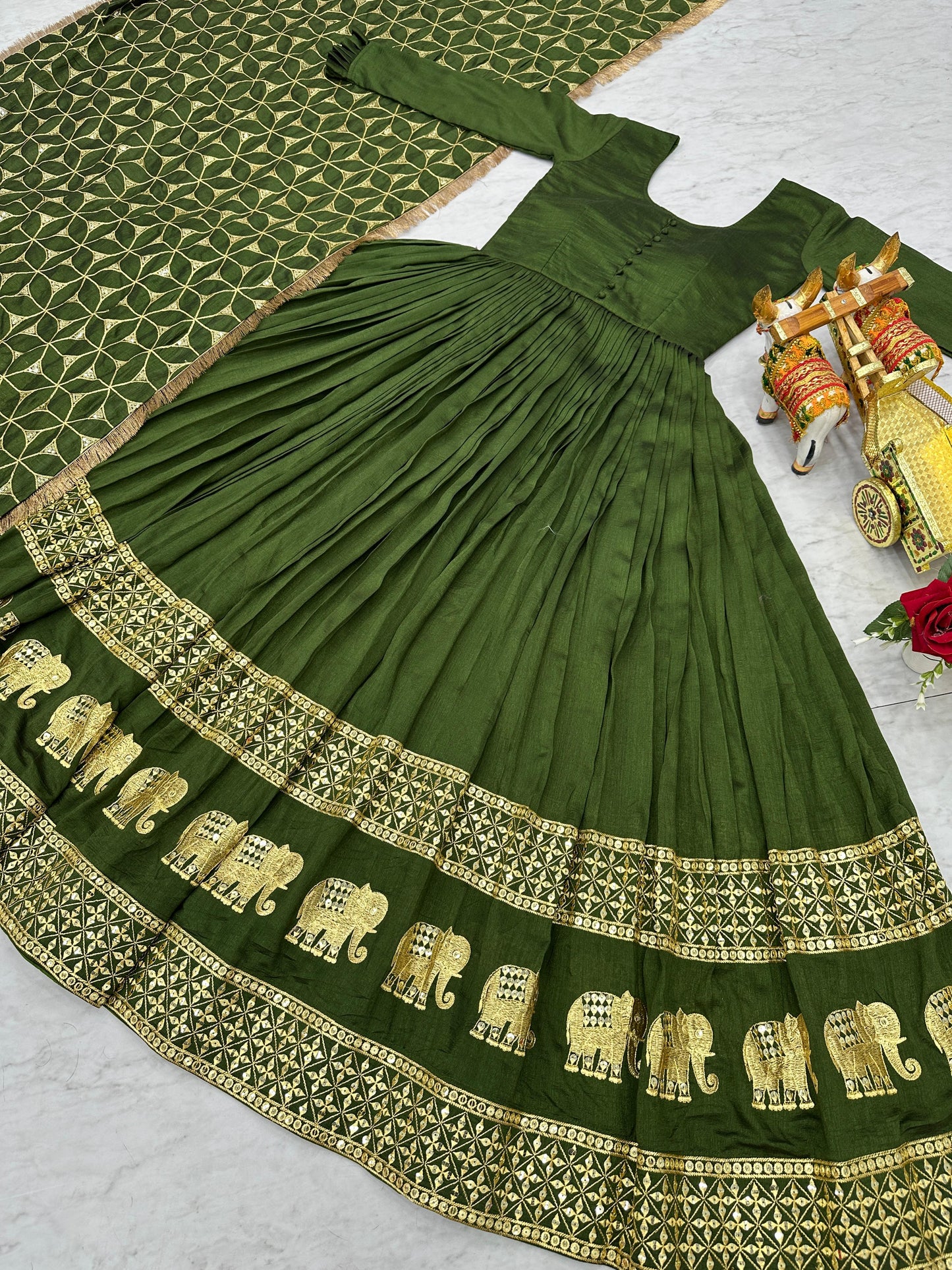 Decent Mehendi Festive Gown & Dupatta Set With Heavy Sequence Embroidery Work ( MAS_Ram_100_Mehendi )