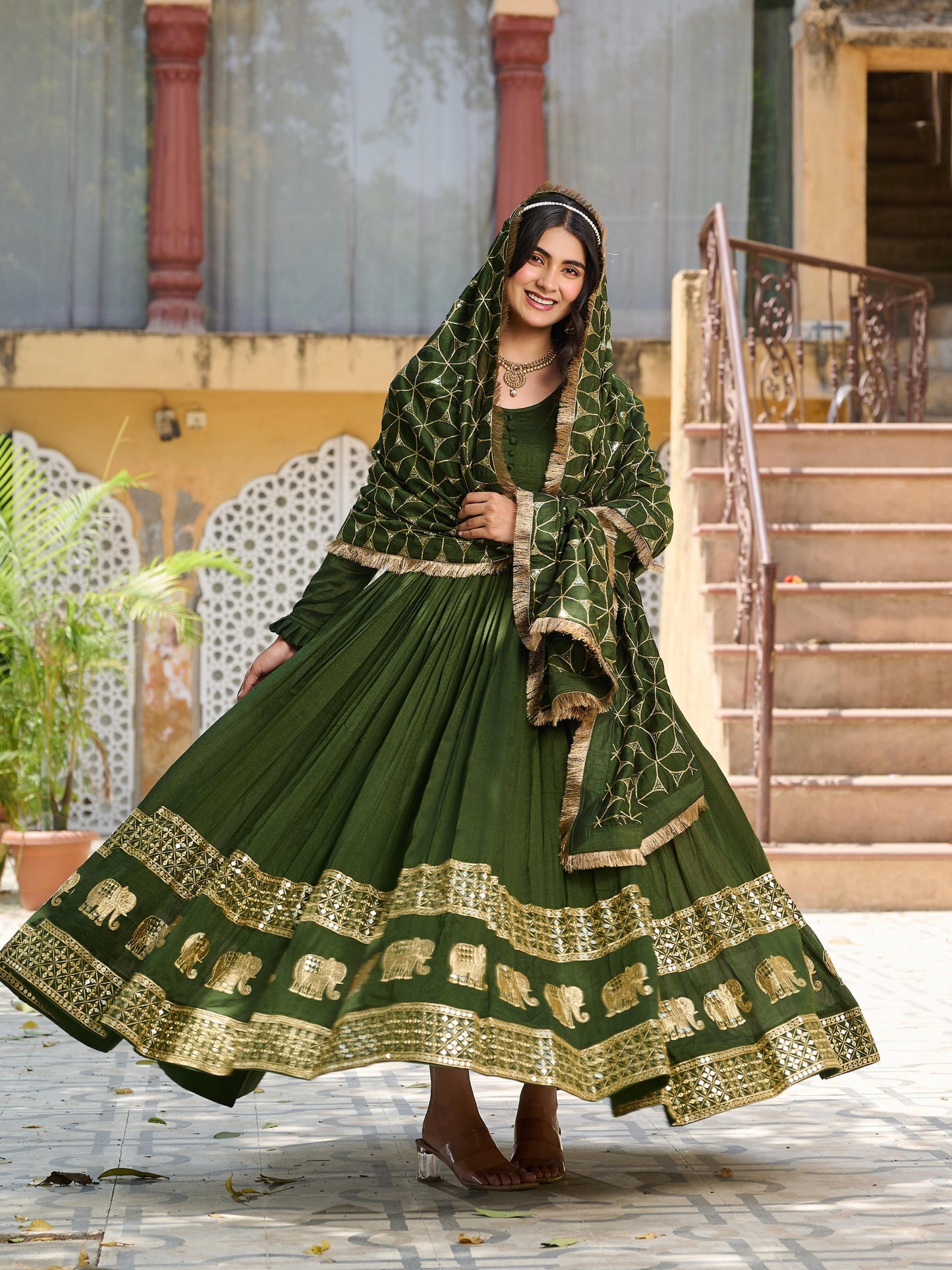 Decent Mehendi Festive Gown & Dupatta Set With Heavy Sequence Embroidery Work ( MAS_Ram_100_Mehendi )