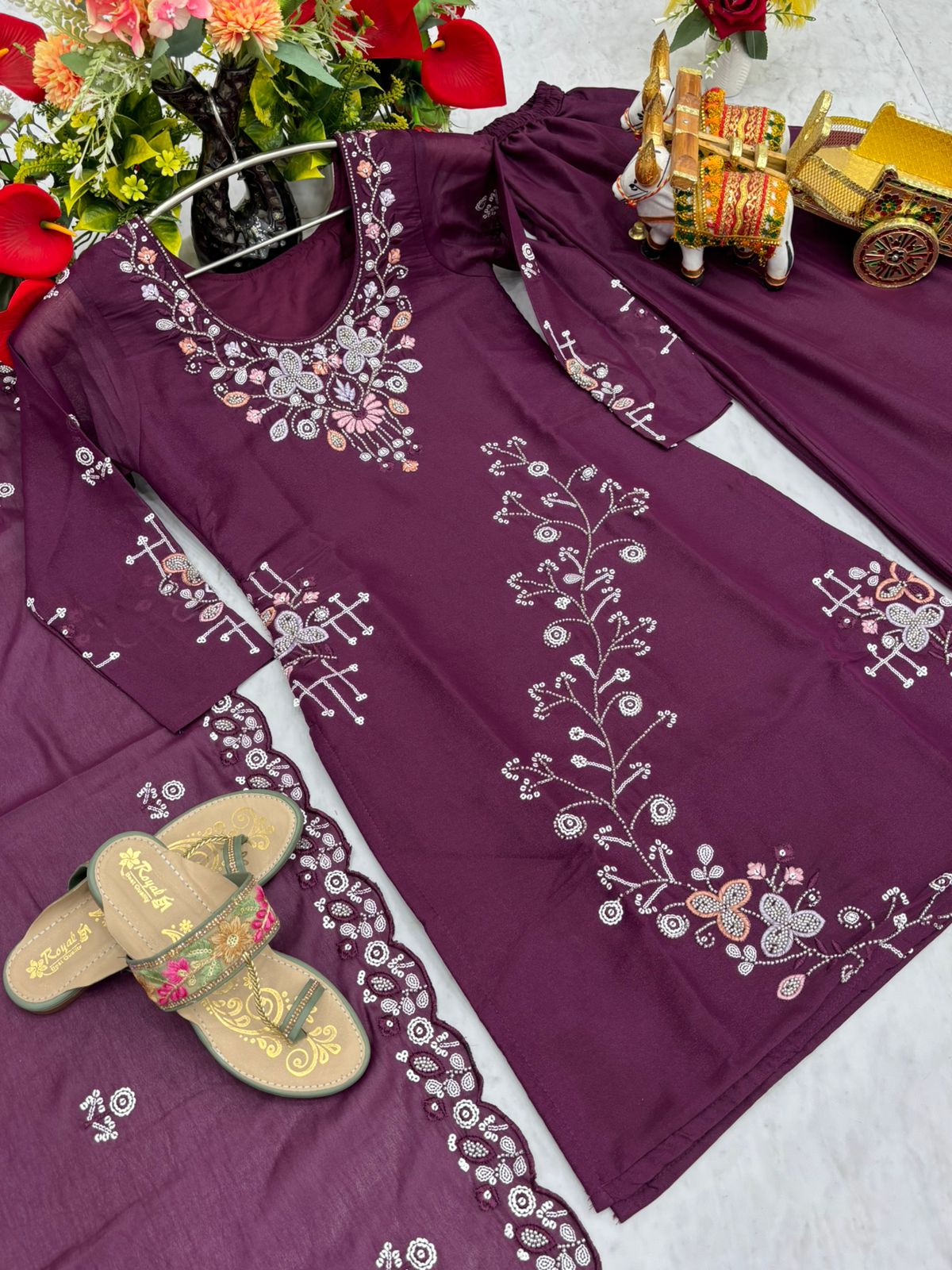 Gorgeous Designer Kurti, Plazzo & Dupatta Set With Heavy Bids & Sequence Embroidery Work (MAS_Ram_103_ Purple)