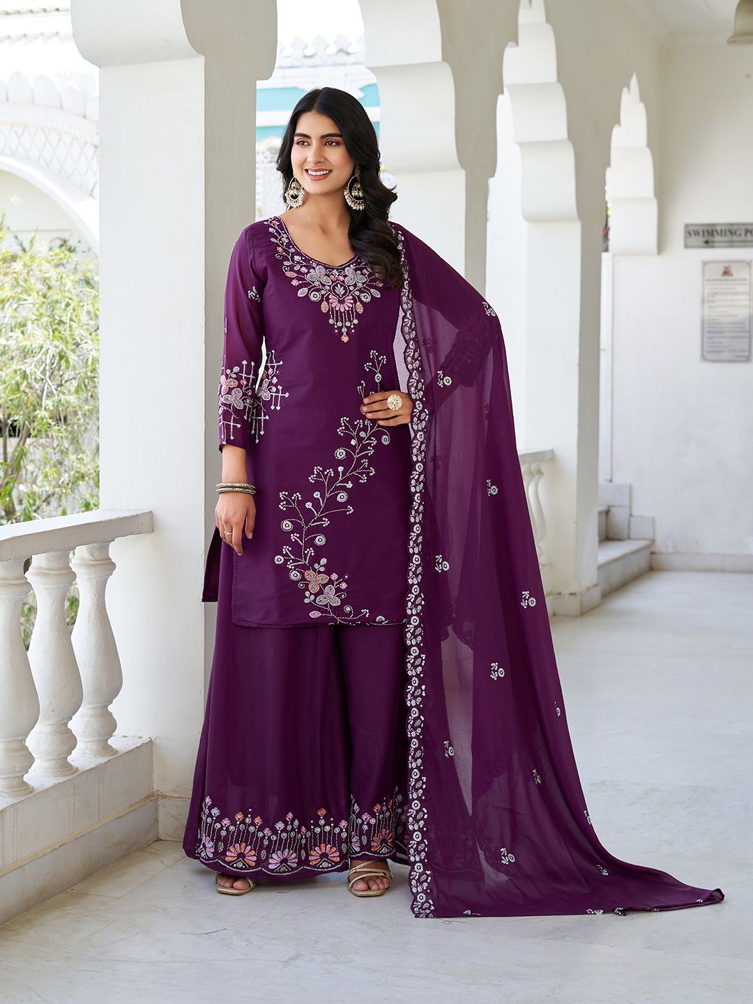 Gorgeous Designer Kurti, Plazzo & Dupatta Set With Heavy Bids & Sequence Embroidery Work (MAS_Ram_103_ Purple)