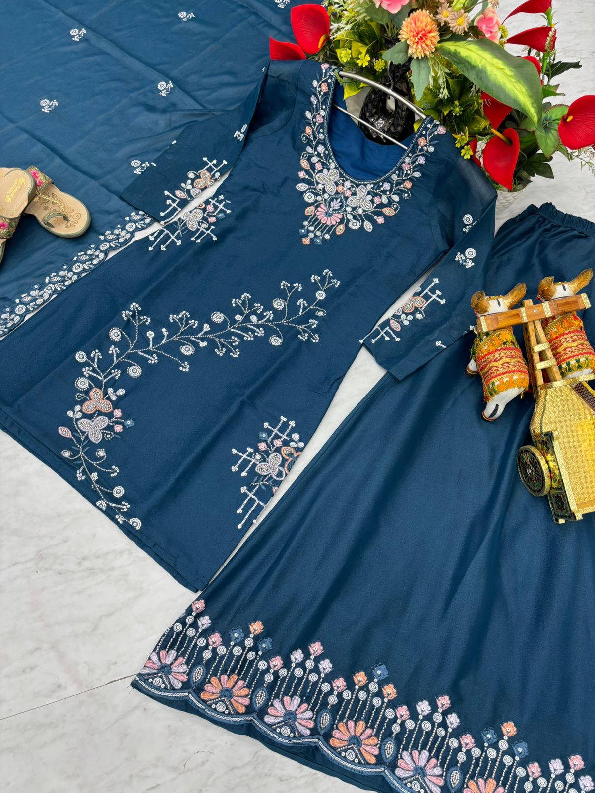 Party Wear New Designer Plazzo Suit With Dupatta Set with Heavy Bids Work (MAS_Ram_103_Blue)