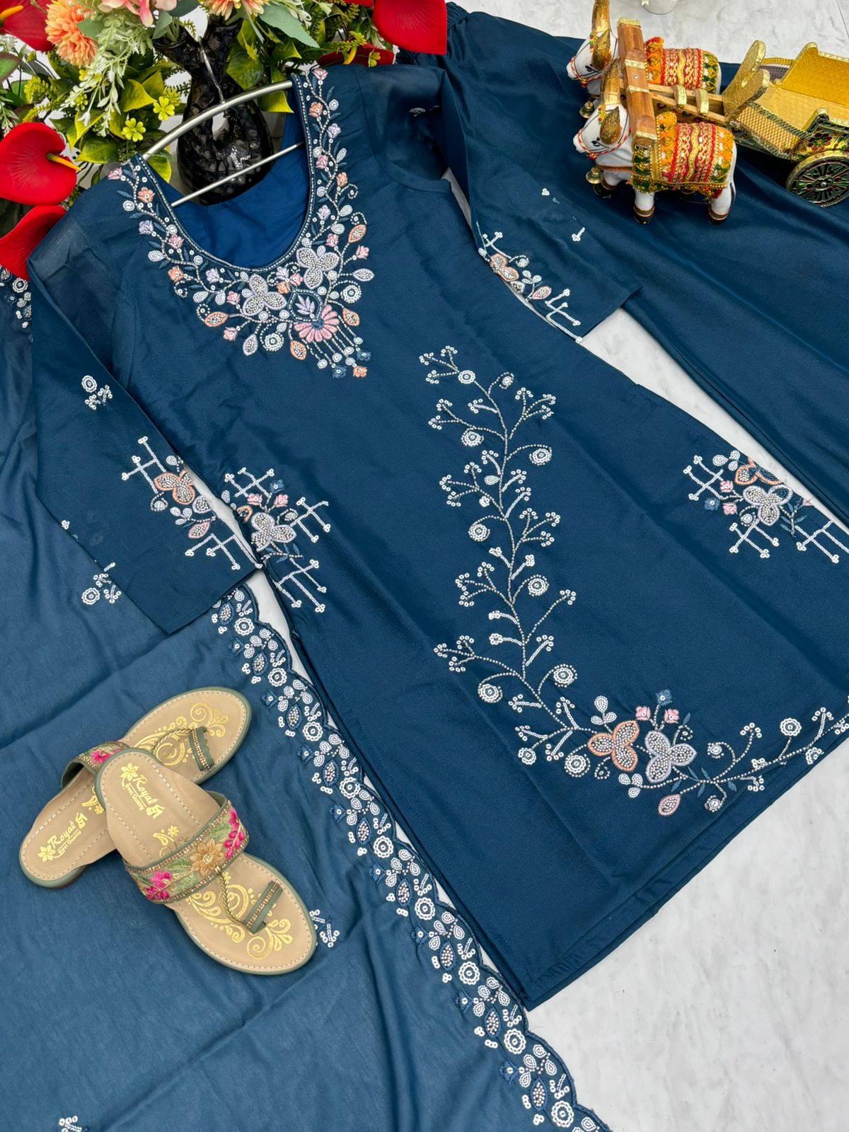 Party Wear New Designer Plazzo Suit With Dupatta Set with Heavy Bids Work (MAS_Ram_103_Blue)