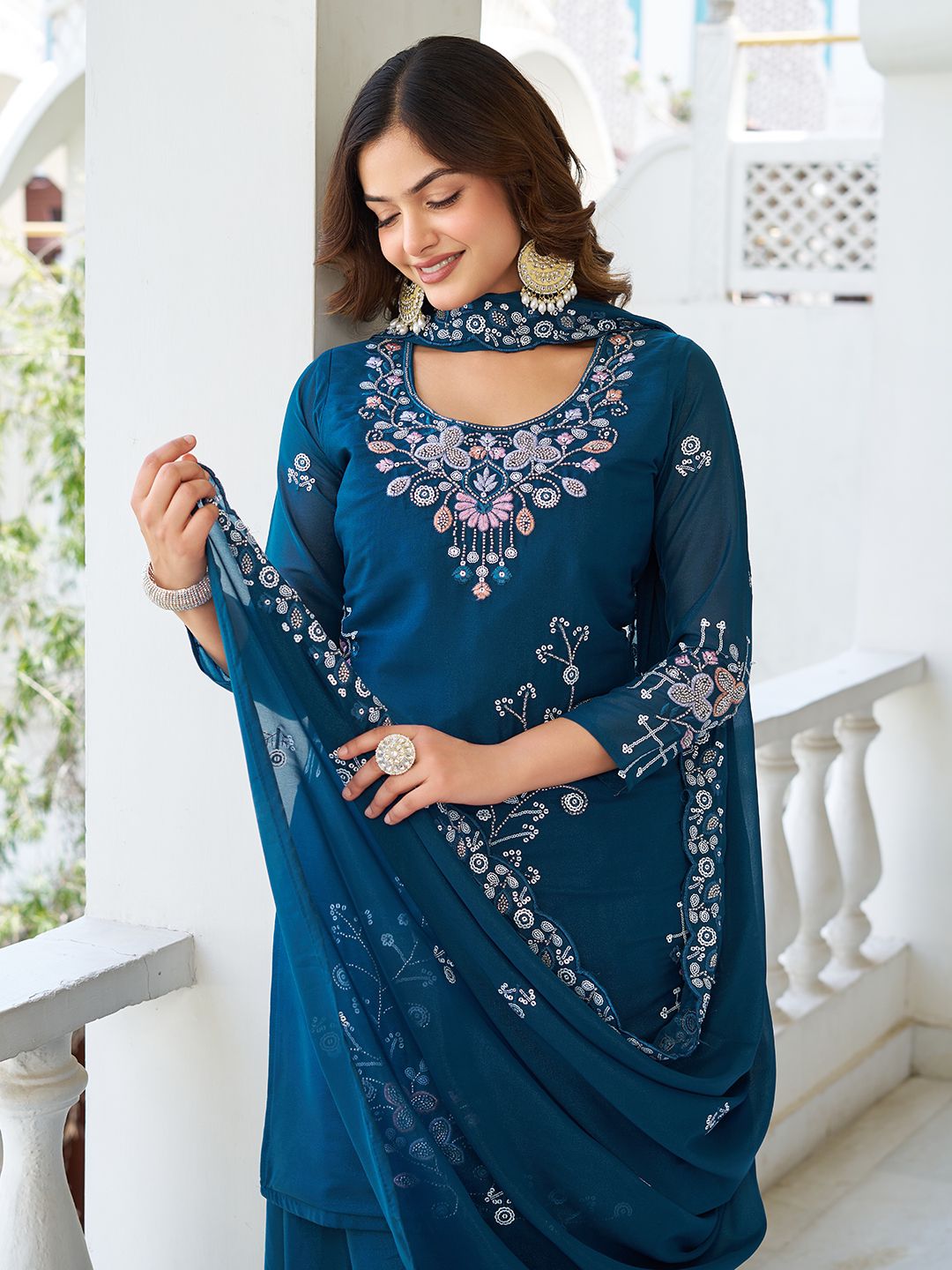 Party Wear New Designer Plazzo Suit With Dupatta Set with Heavy Bids Work (MAS_Ram_103_Blue)