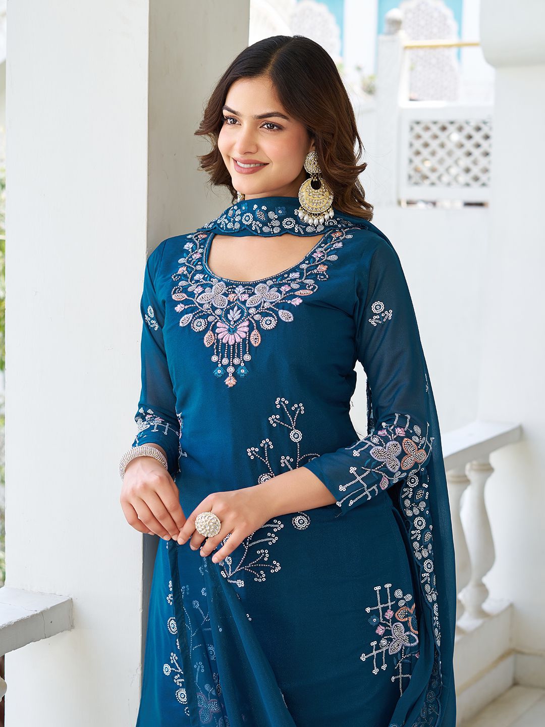 Party Wear New Designer Plazzo Suit With Dupatta Set with Heavy Bids Work (MAS_Ram_103_Blue)