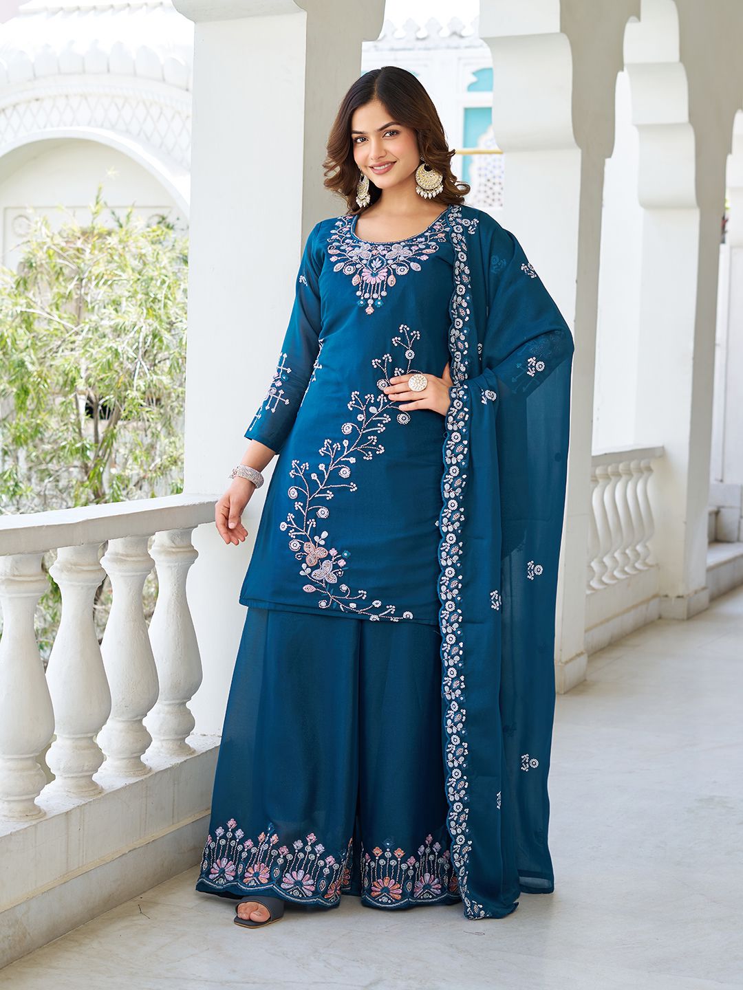 Party Wear New Designer Plazzo Suit With Dupatta Set with Heavy Bids Work (MAS_Ram_103_Blue)