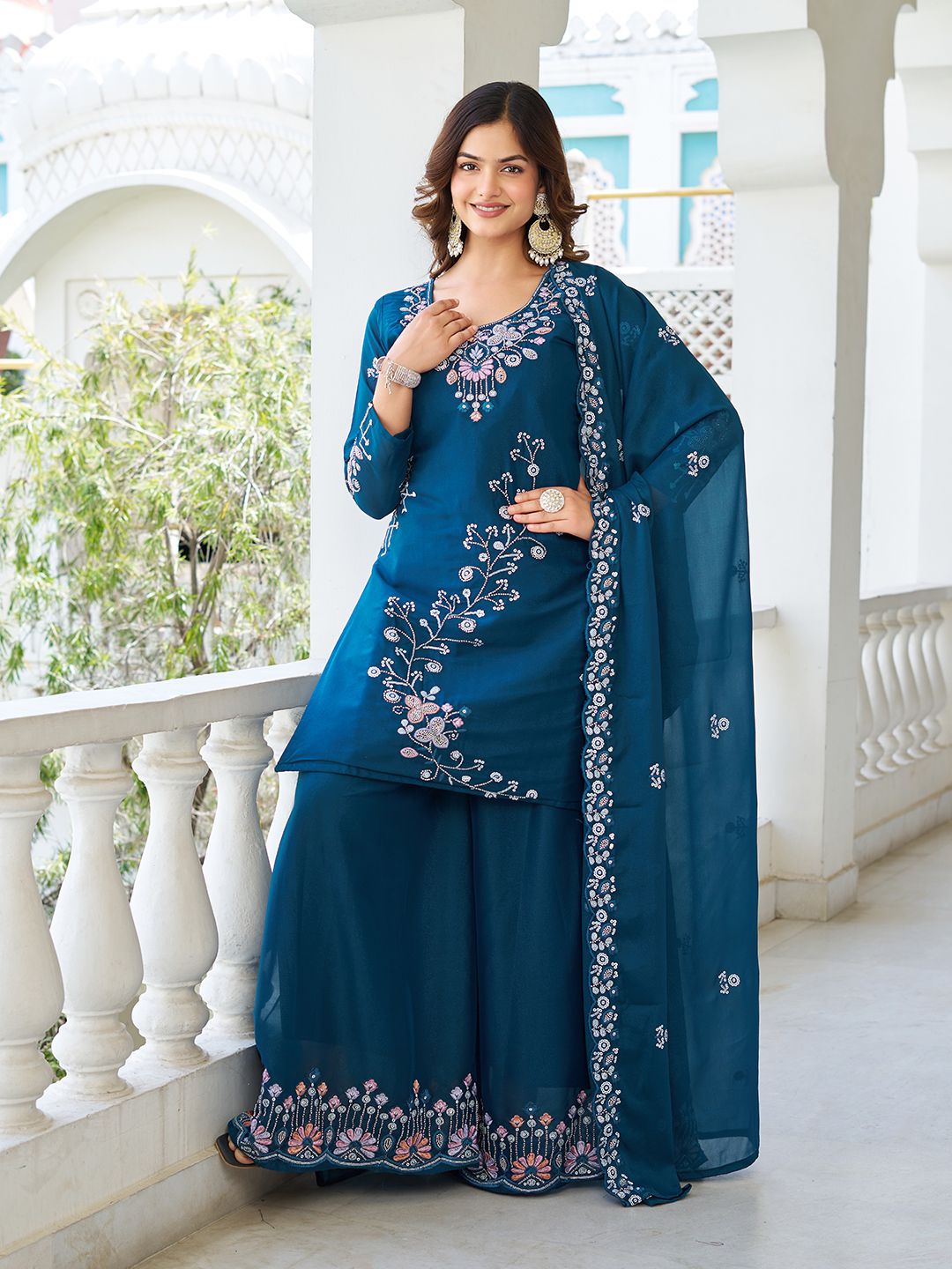Party Wear New Designer Plazzo Suit With Dupatta Set with Heavy Bids Work (MAS_Ram_103_Blue)