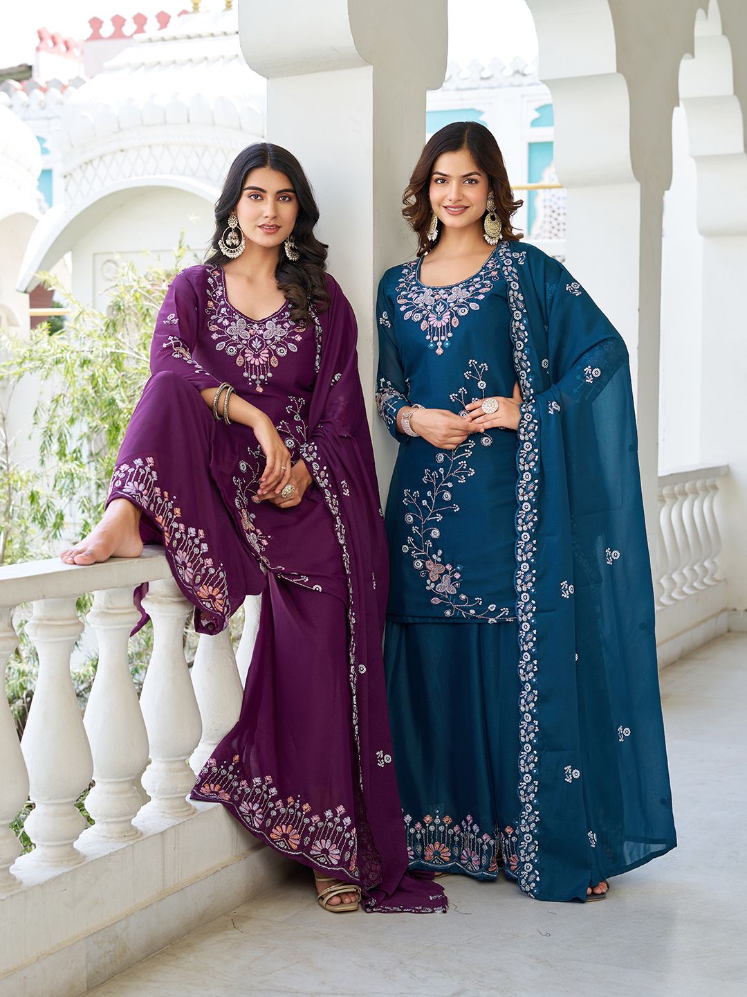 Party Wear New Designer Plazzo Suit With Dupatta Set with Heavy Bids Work (MAS_Ram_103_Blue)
